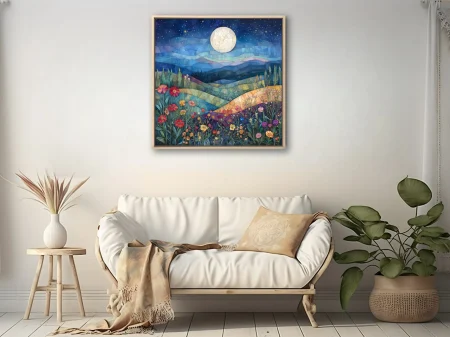 Mosaic-style moonlit landscape with wildflowers, deep blue night sky and rolling hills