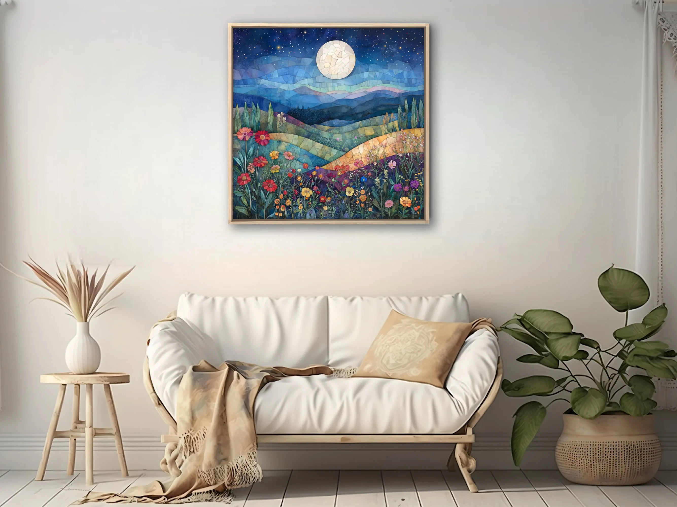 Mosaic-style moonlit landscape with wildflowers, deep blue night sky and rolling hills