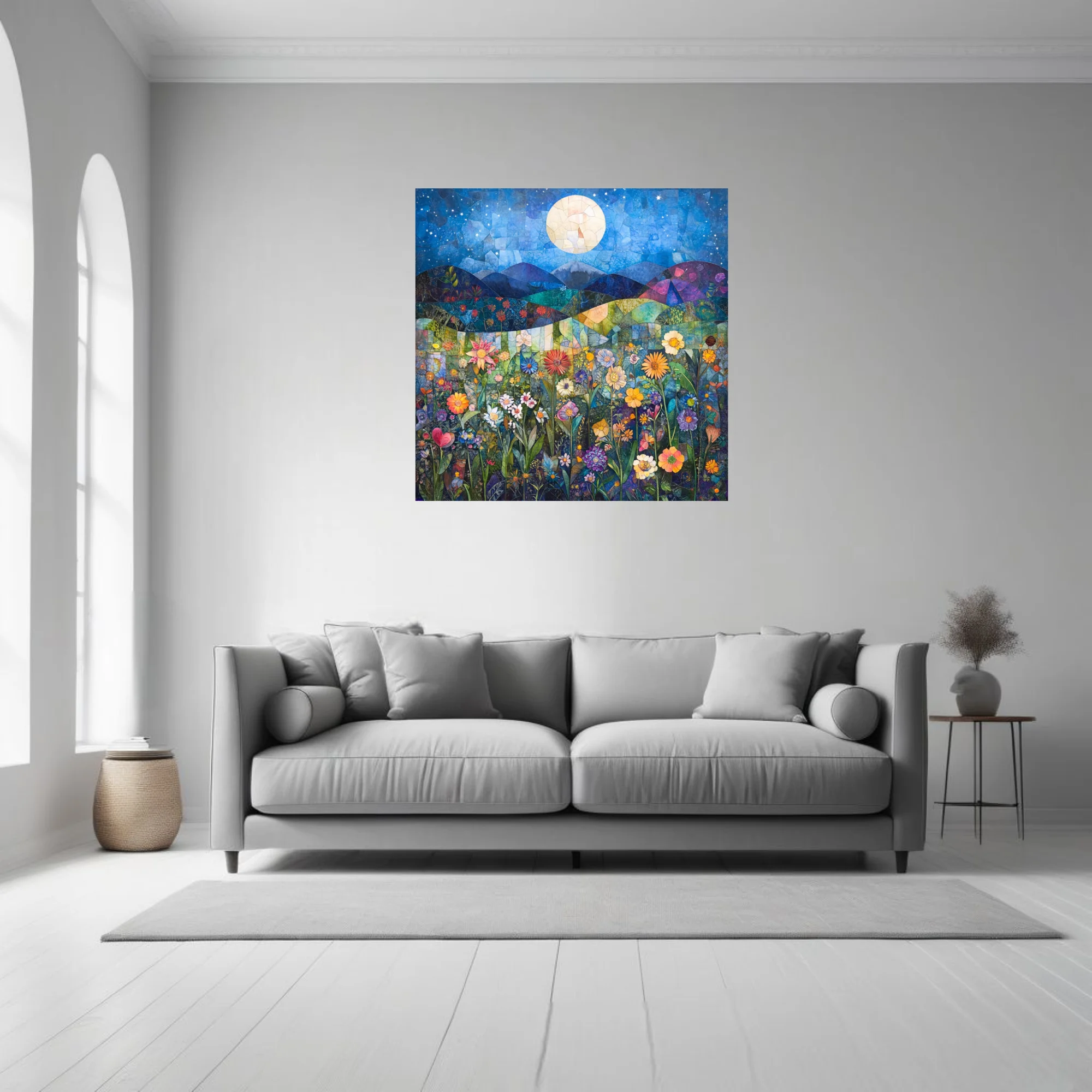 Mosaic-style night garden with wildflowers, glowing moon, and starry blue sky