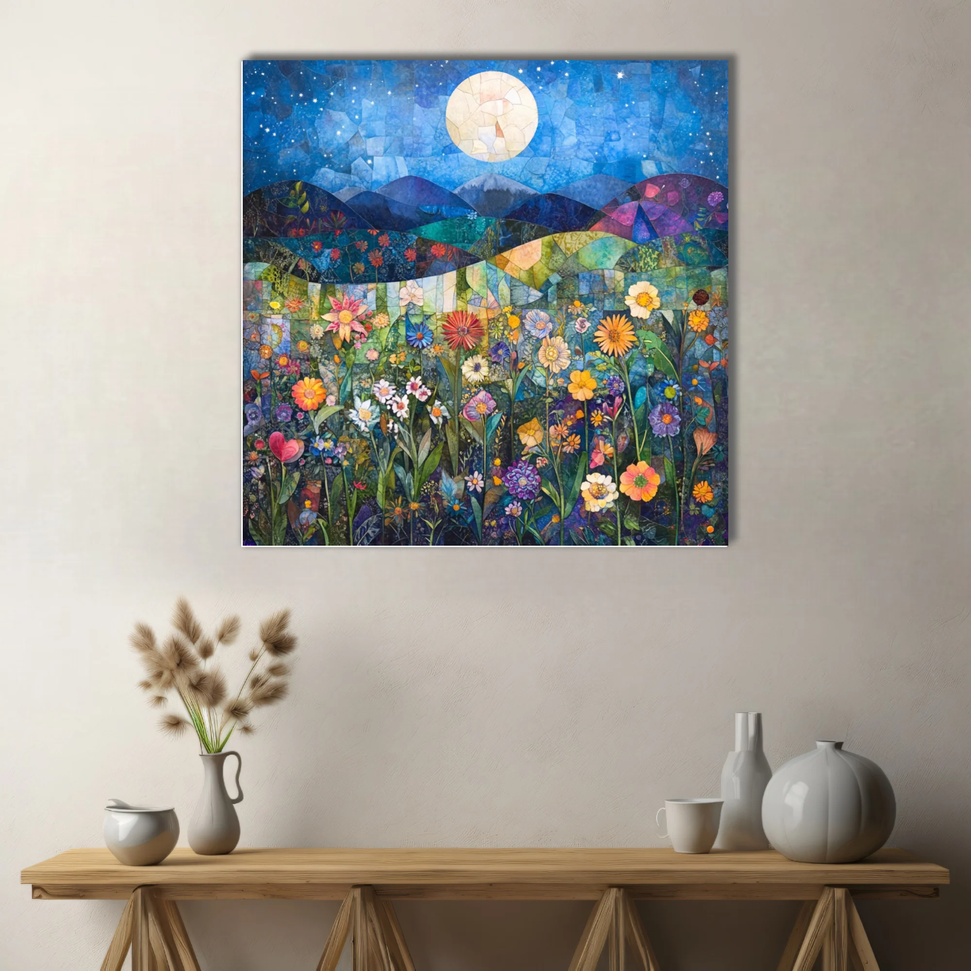 Mosaic-style night garden with wildflowers, glowing moon, and starry blue sky