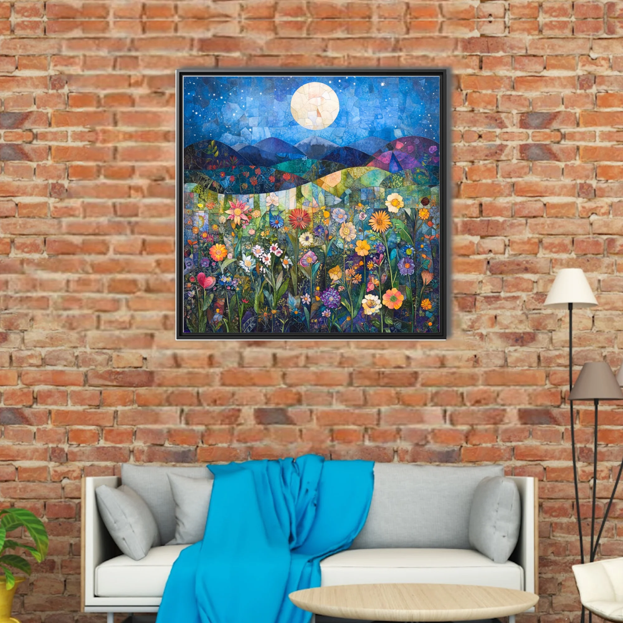 Mosaic-style night garden with wildflowers, glowing moon, and starry blue sky