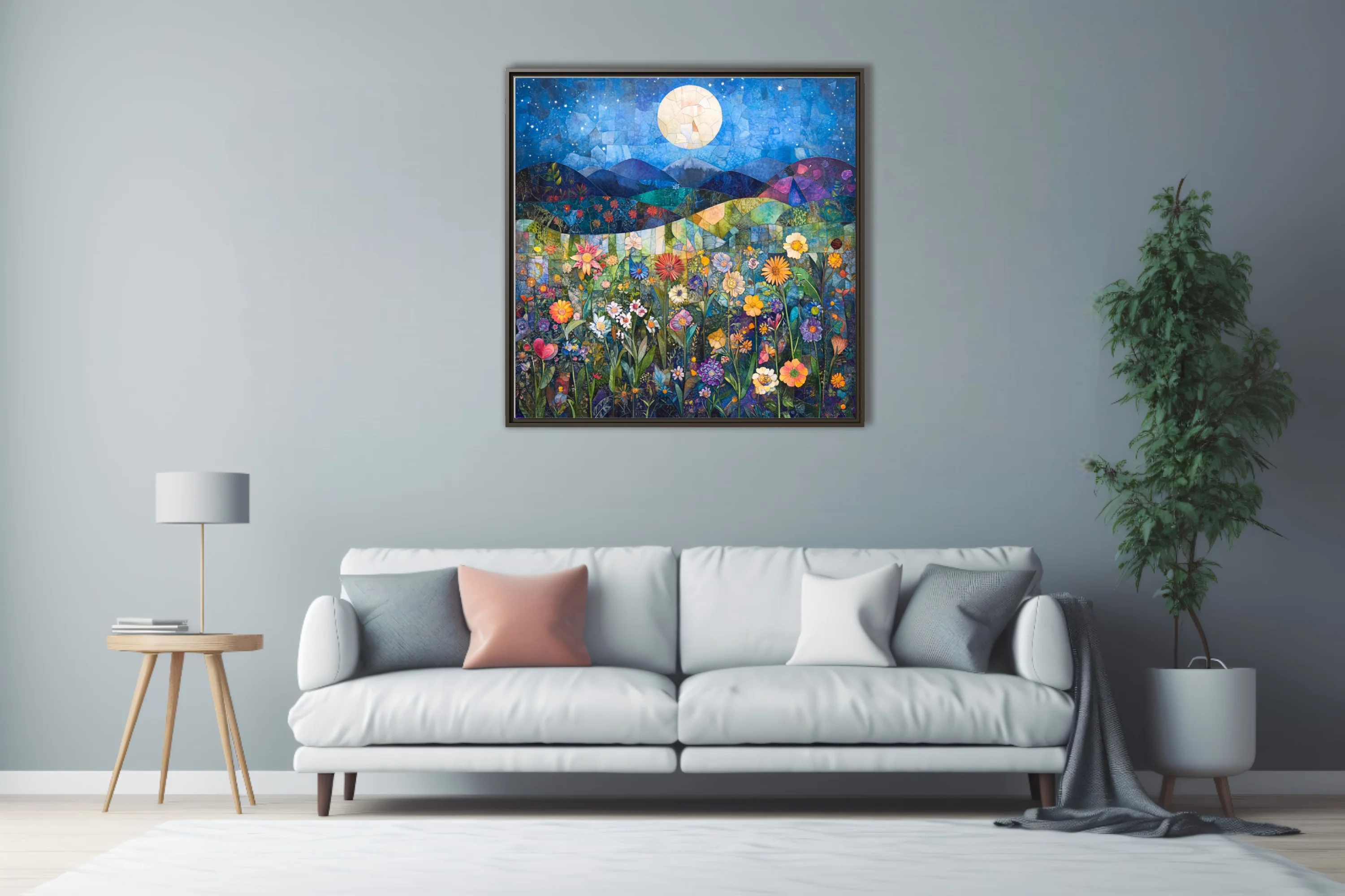 Mosaic-style night garden with wildflowers, glowing moon, and starry blue sky