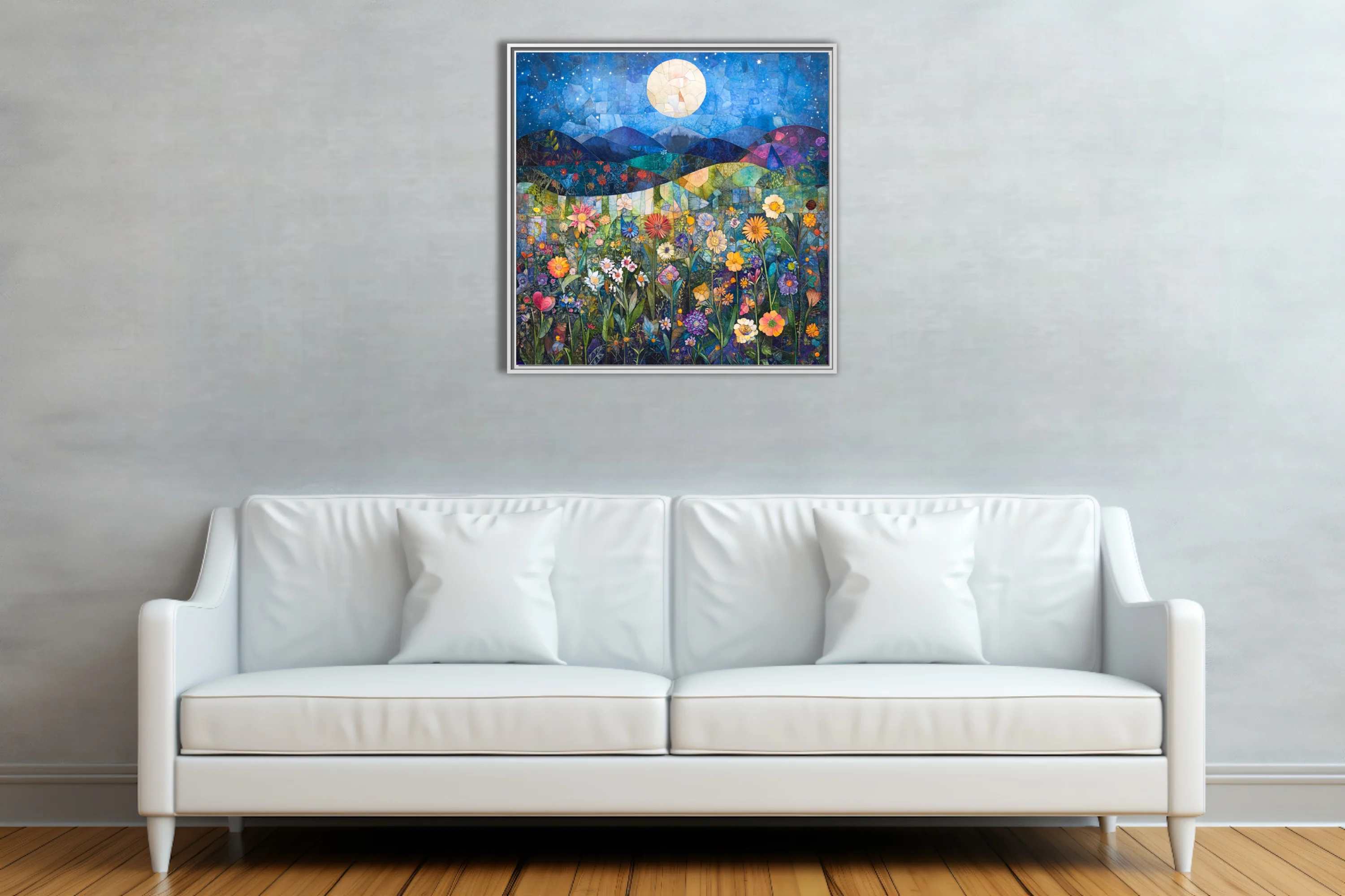 Mosaic-style night garden with wildflowers, glowing moon, and starry blue sky