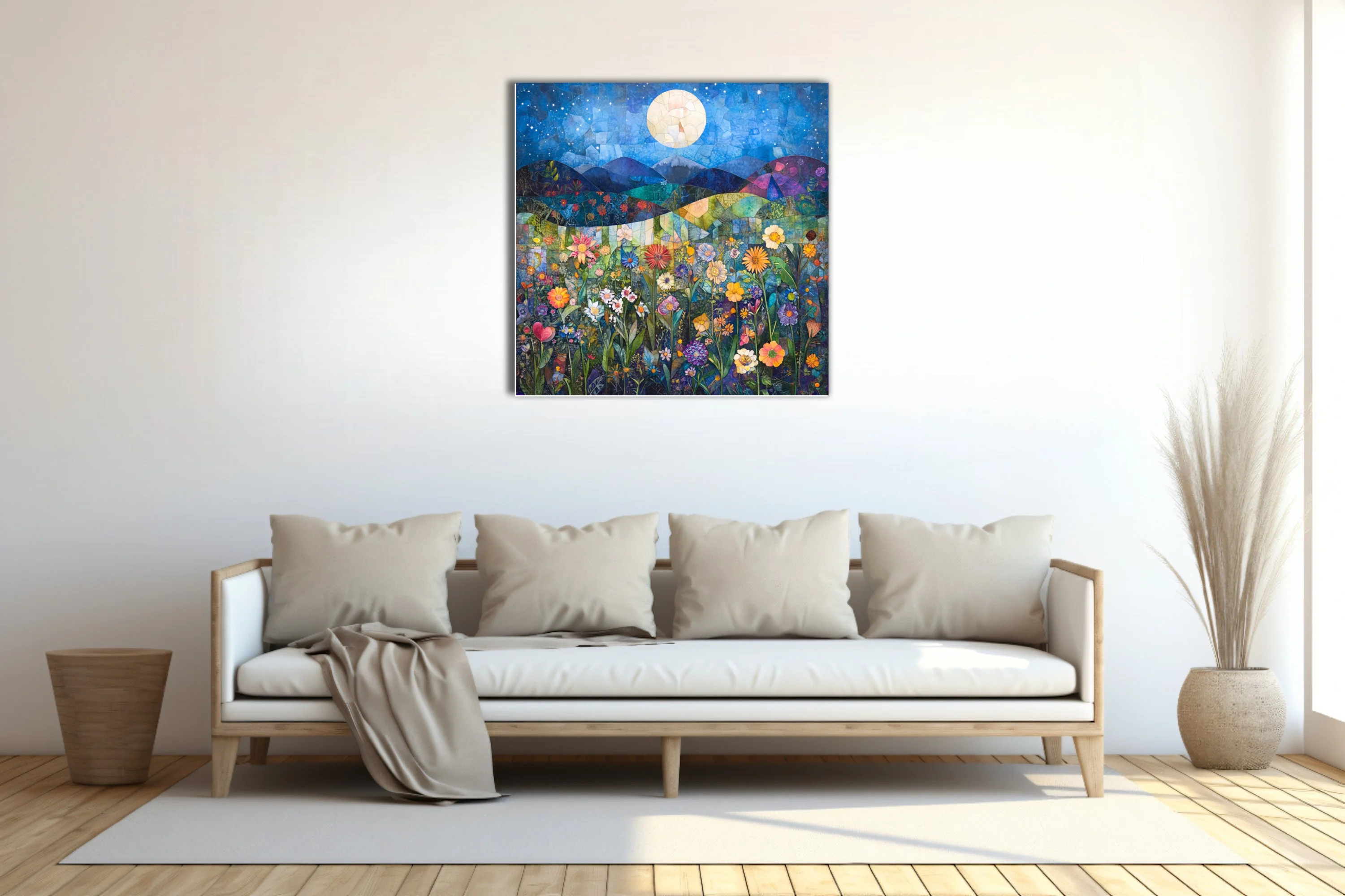 Mosaic-style night garden with wildflowers, glowing moon, and starry blue sky