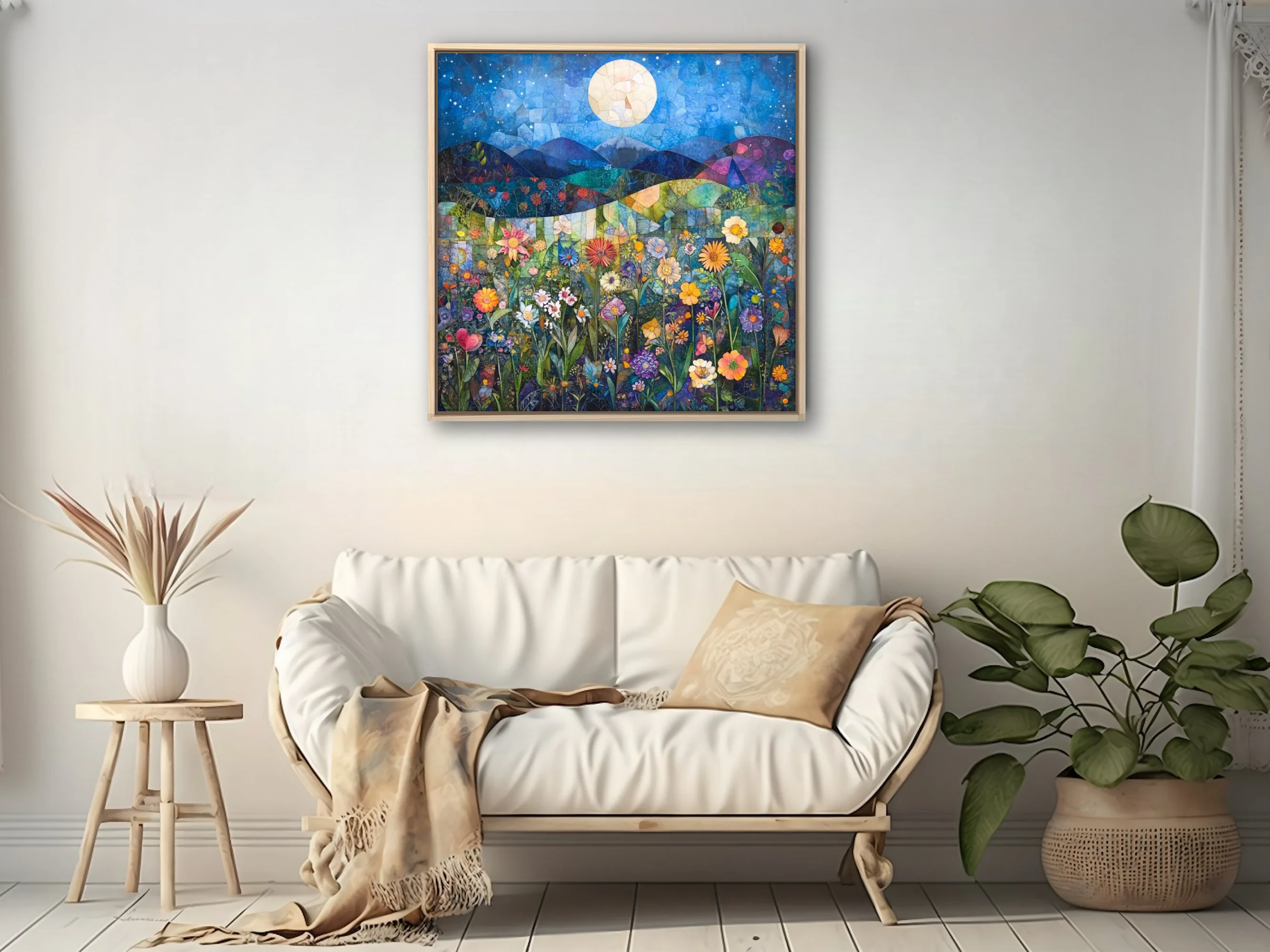 Mosaic-style night garden with wildflowers, glowing moon, and starry blue sky