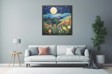 Mosaic-style night landscape with full moon, stars, hills, and colorful wildflowers