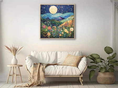 Mosaic-style night landscape with full moon, stars, hills, and colorful wildflowers
