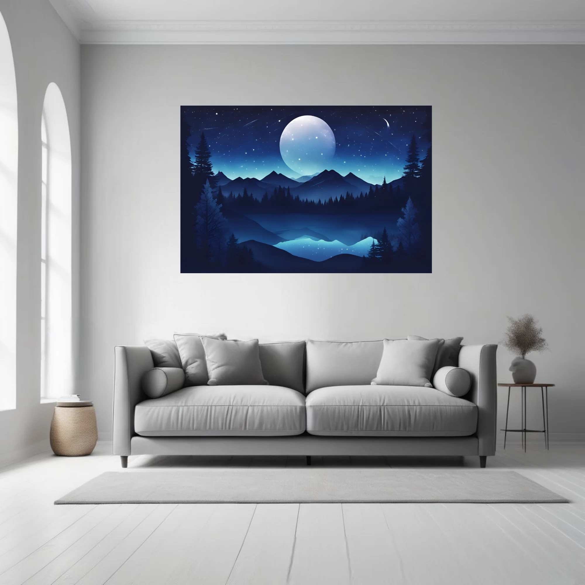 Graphic night landscape with glowing celestial orb, mountain silhouettes, and starry sky in deep blue