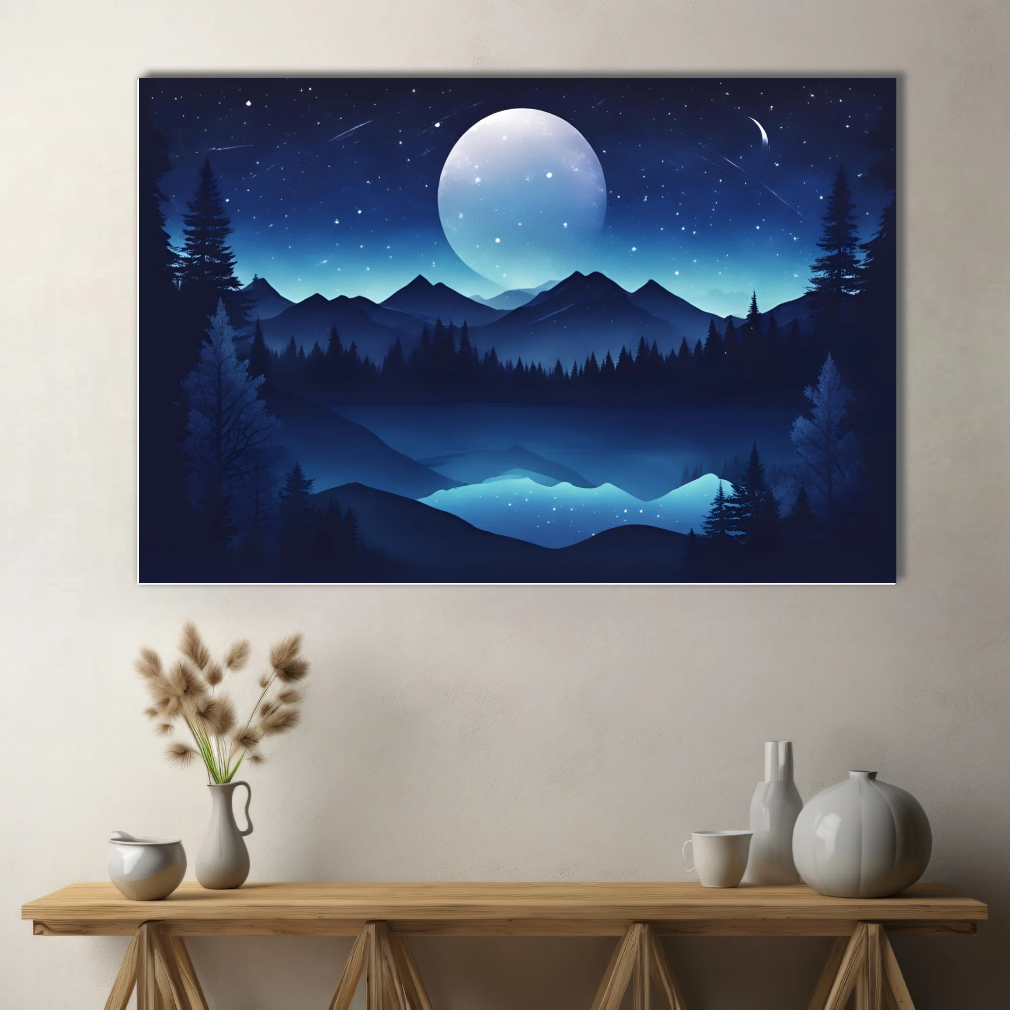 Graphic night landscape with glowing celestial orb, mountain silhouettes, and starry sky in deep blue