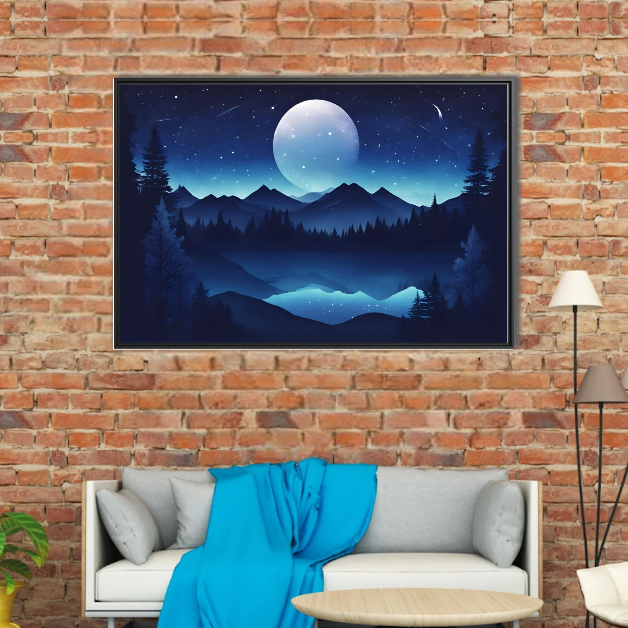 Graphic night landscape with glowing celestial orb, mountain silhouettes, and starry sky in deep blue