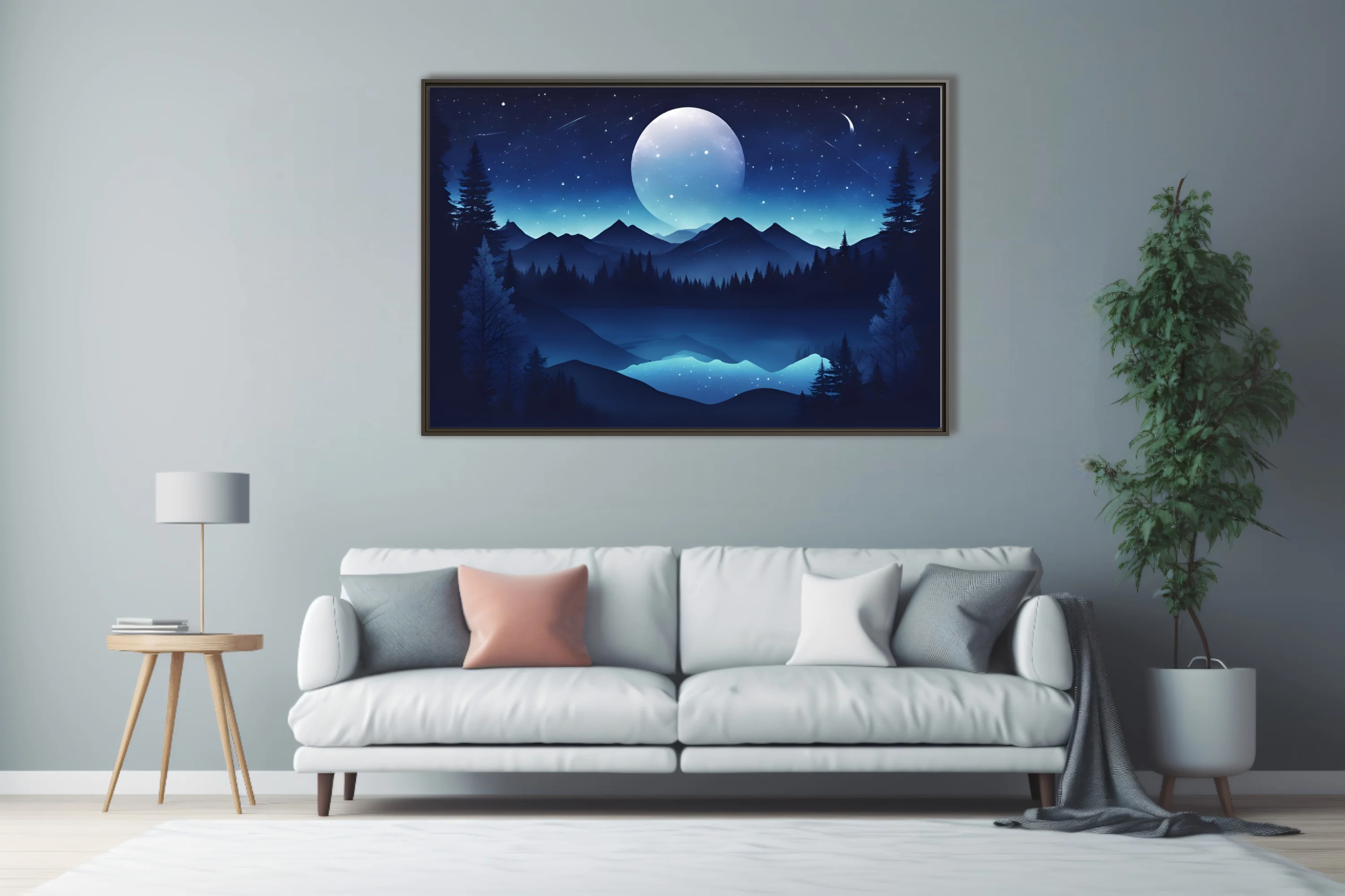 Graphic night landscape with glowing celestial orb, mountain silhouettes, and starry sky in deep blue