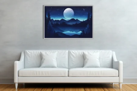 Graphic night landscape with glowing celestial orb, mountain silhouettes, and starry sky in deep blue