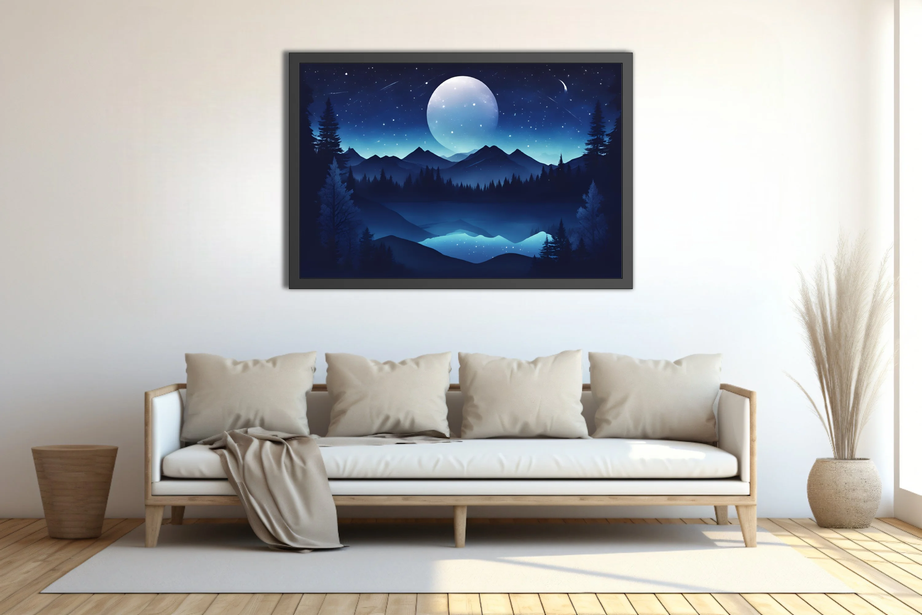Graphic night landscape with glowing celestial orb, mountain silhouettes, and starry sky in deep blue