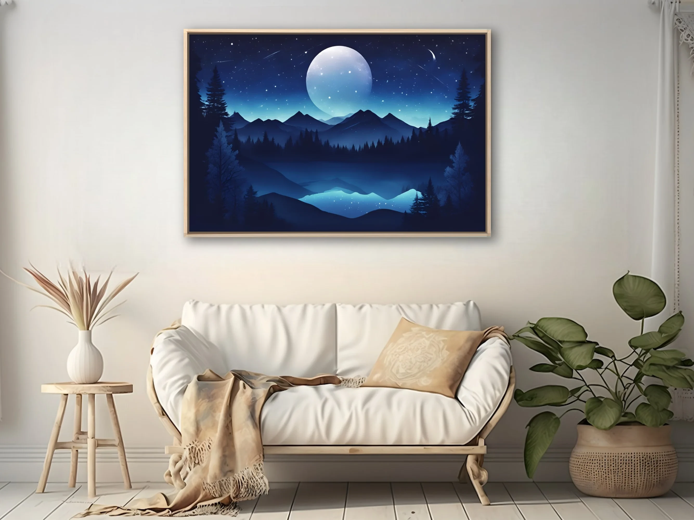 Graphic night landscape with glowing celestial orb, mountain silhouettes, and starry sky in deep blue