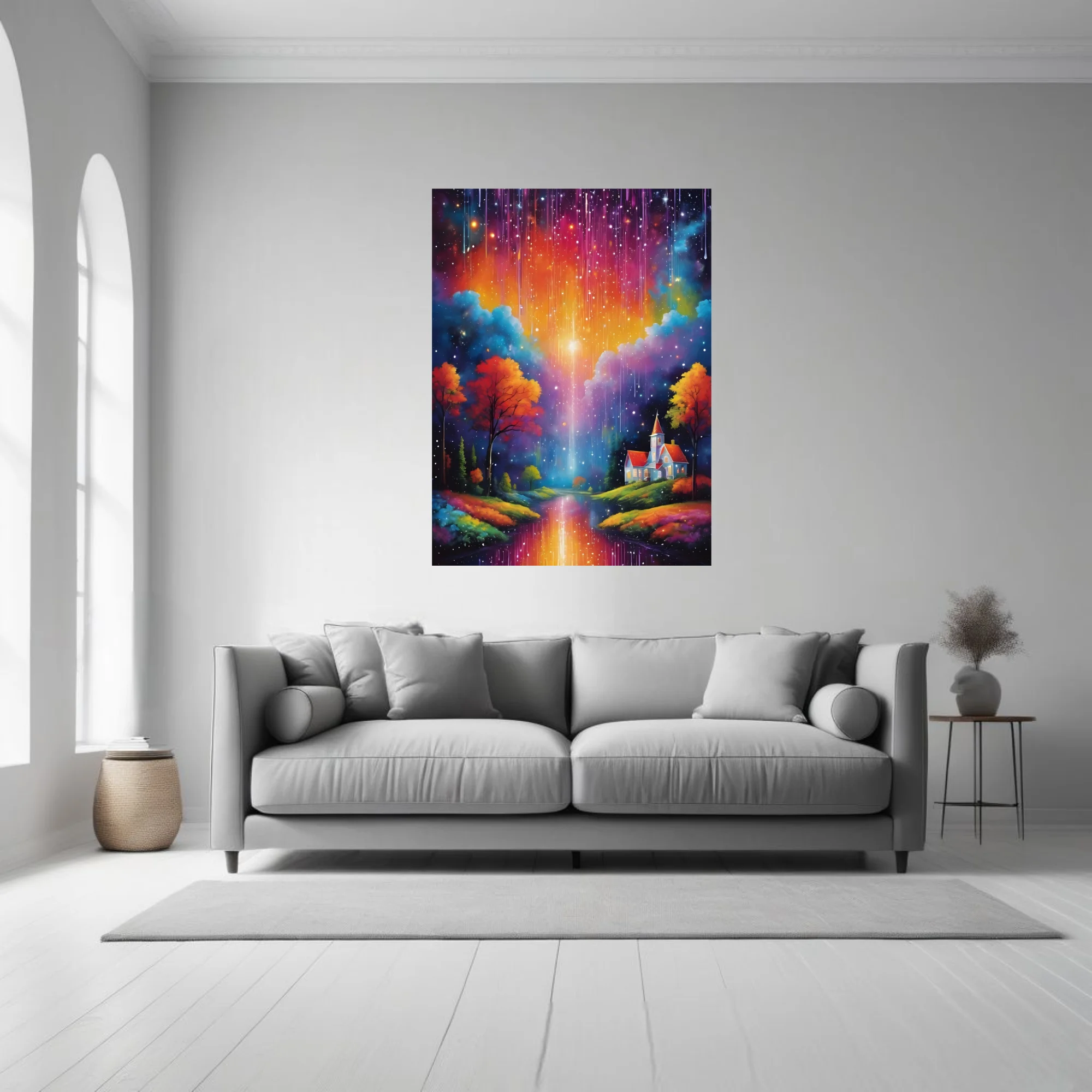 Dreamlike fantasy landscape with rainbow cosmic rain, glowing sky, autumn trees, and cottage