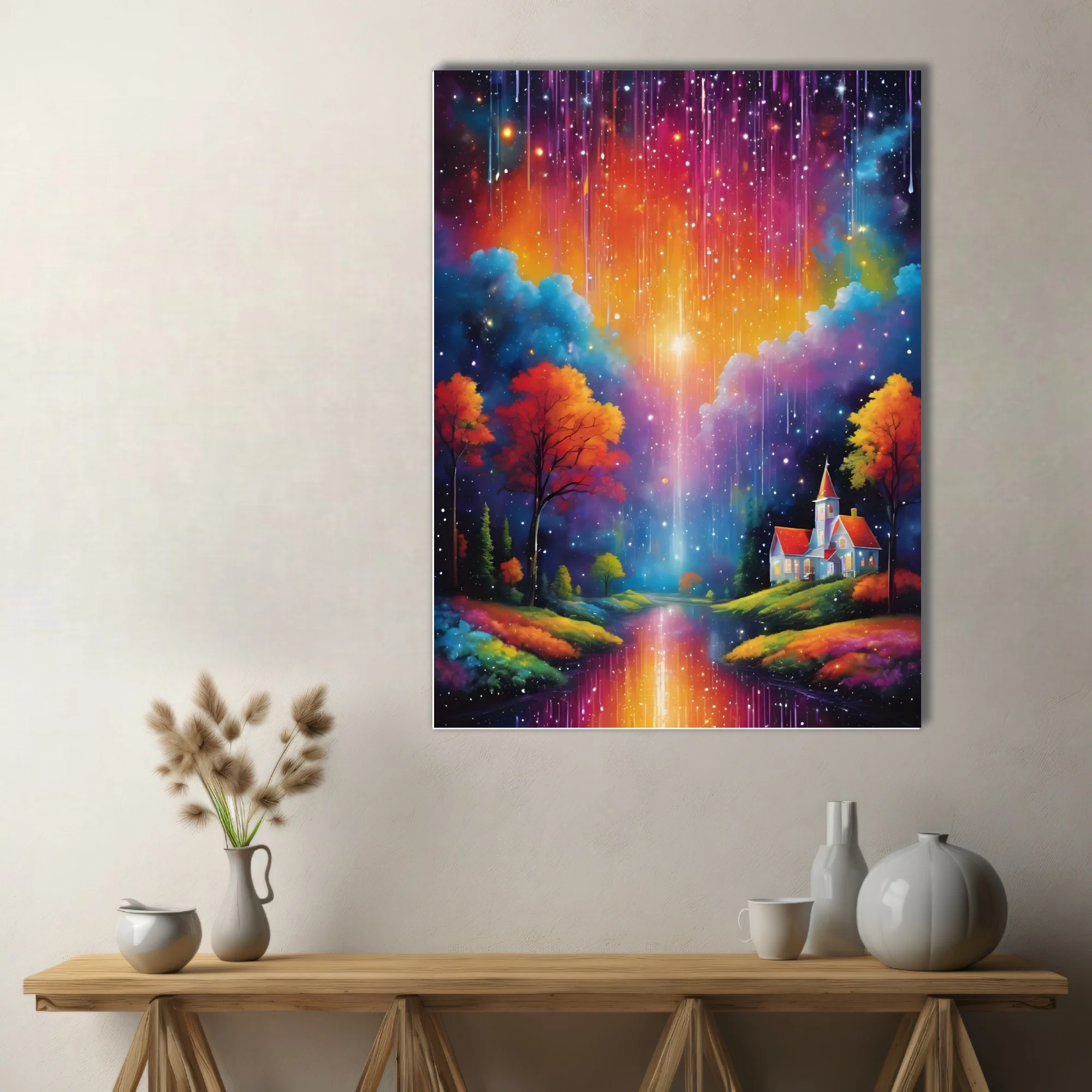 Dreamlike fantasy landscape with rainbow cosmic rain, glowing sky, autumn trees, and cottage