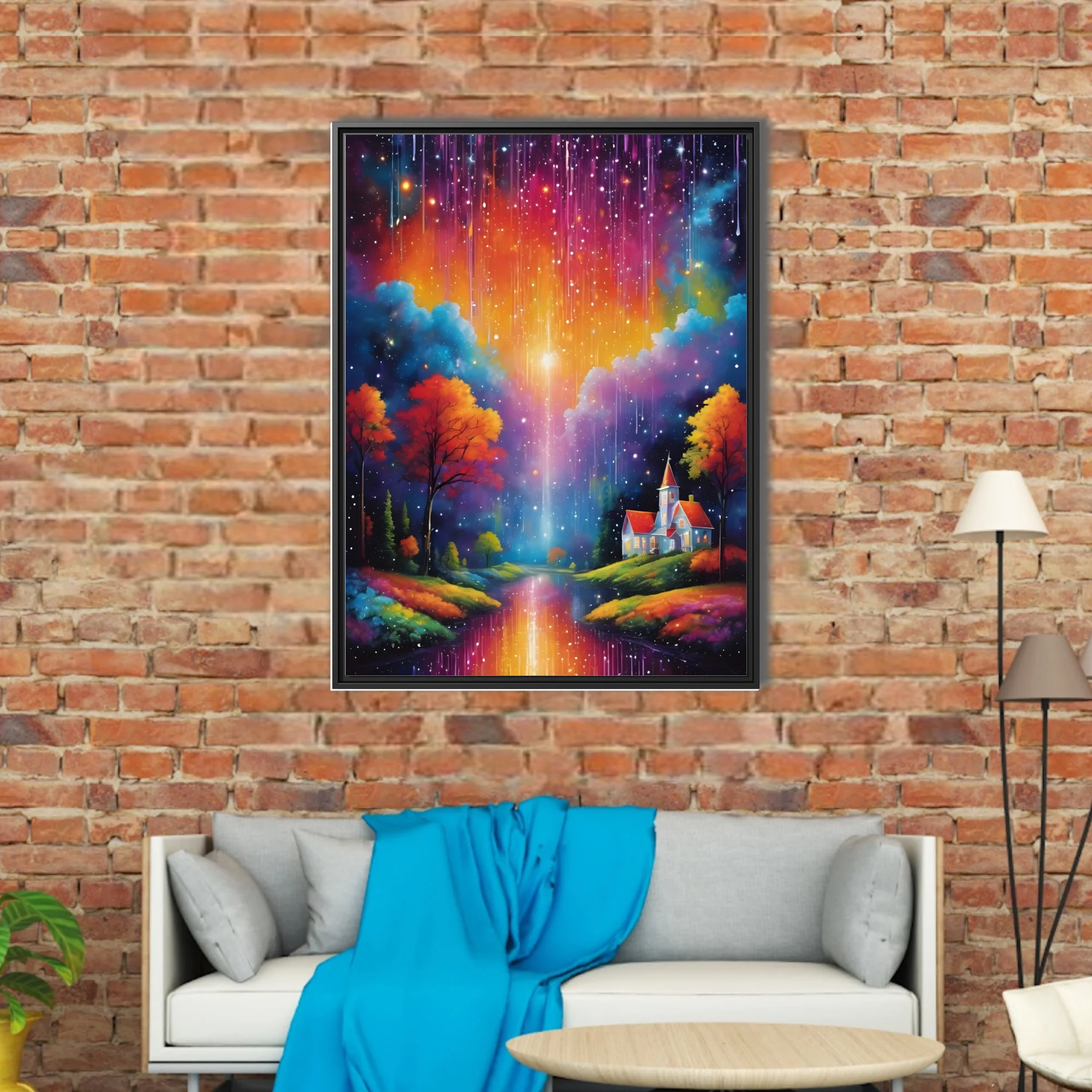 Dreamlike fantasy landscape with rainbow cosmic rain, glowing sky, autumn trees, and cottage