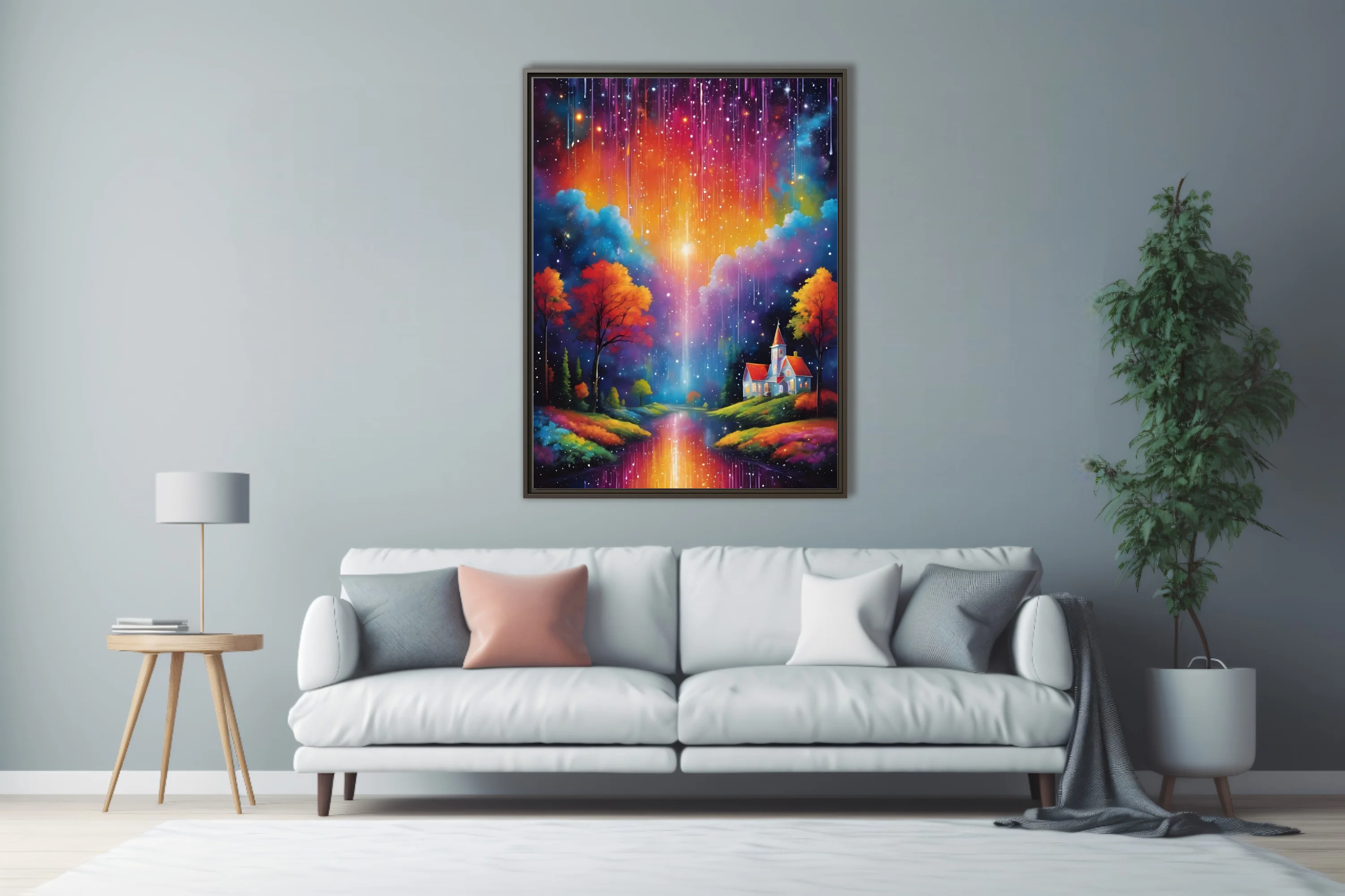 Dreamlike fantasy landscape with rainbow cosmic rain, glowing sky, autumn trees, and cottage