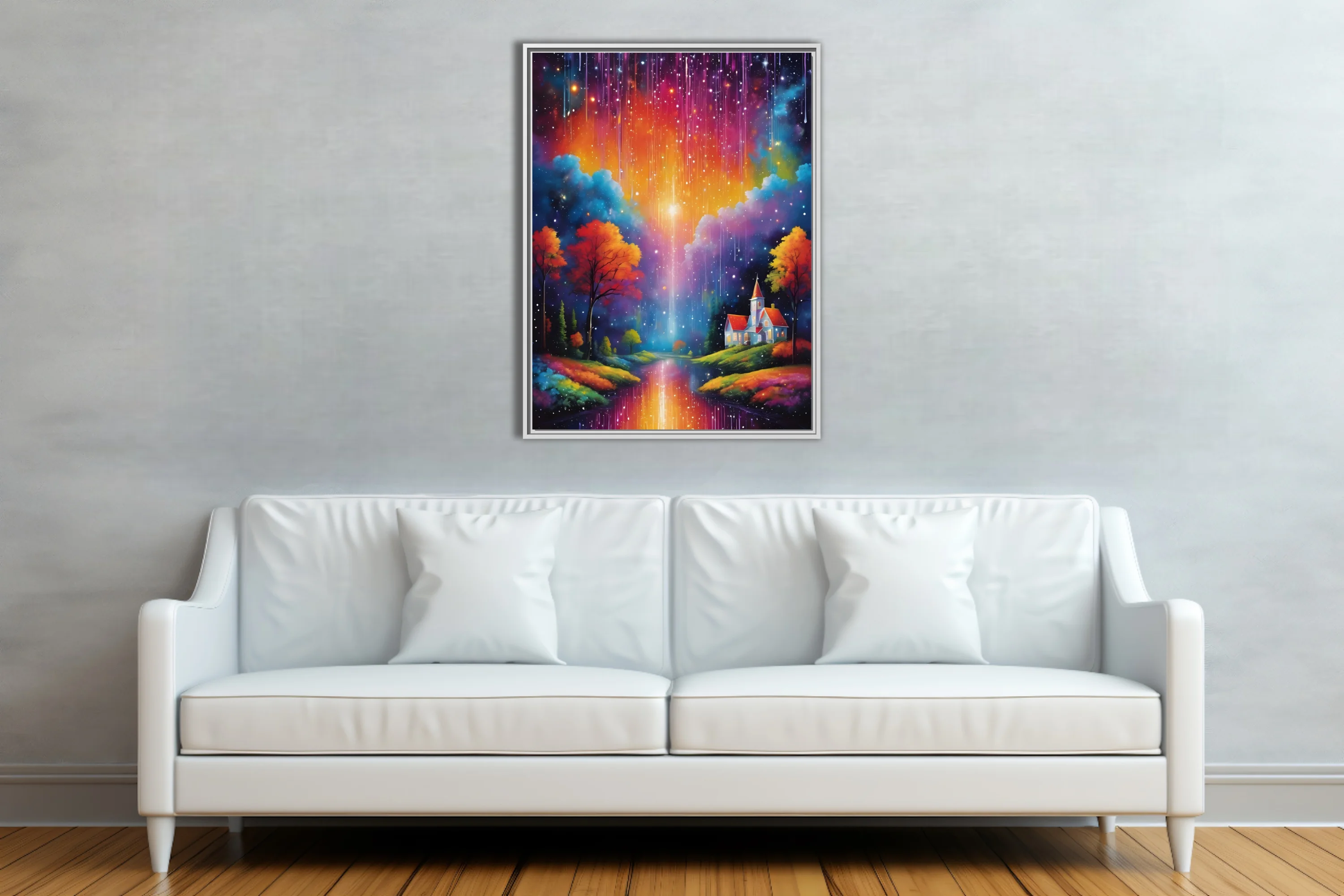Dreamlike fantasy landscape with rainbow cosmic rain, glowing sky, autumn trees, and cottage