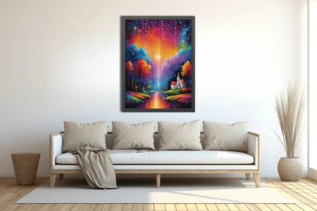 Dreamlike fantasy landscape with rainbow cosmic rain, glowing sky, autumn trees, and cottage