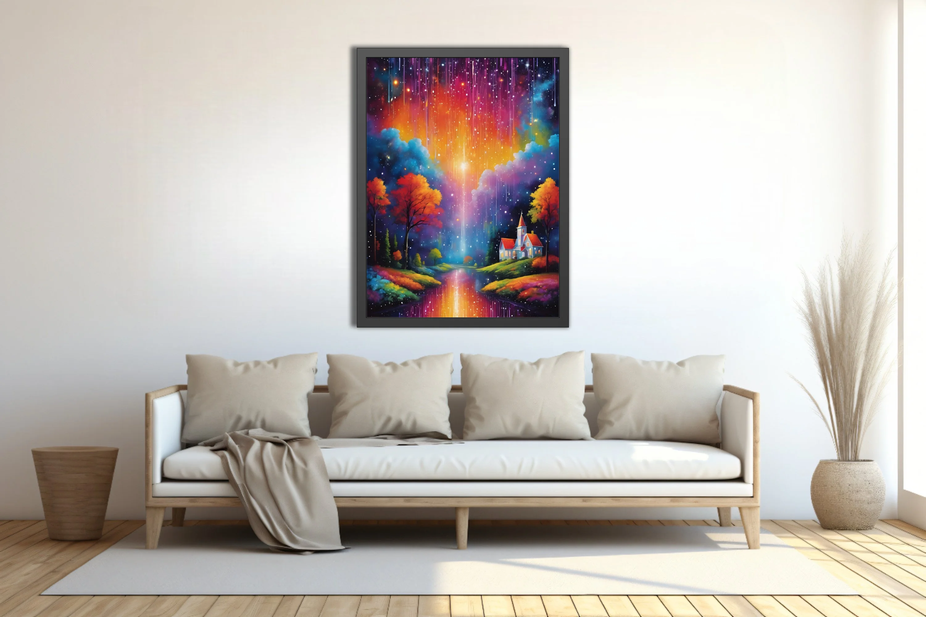 Dreamlike fantasy landscape with rainbow cosmic rain, glowing sky, autumn trees, and cottage