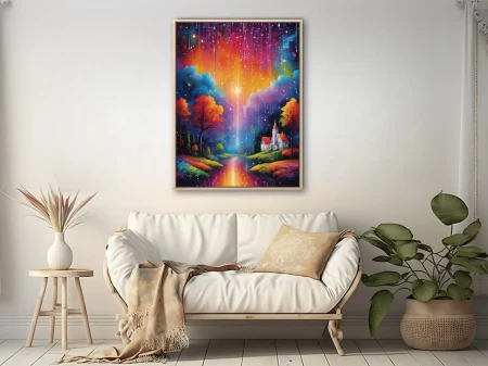 Dreamlike fantasy landscape with rainbow cosmic rain, glowing sky, autumn trees, and cottage