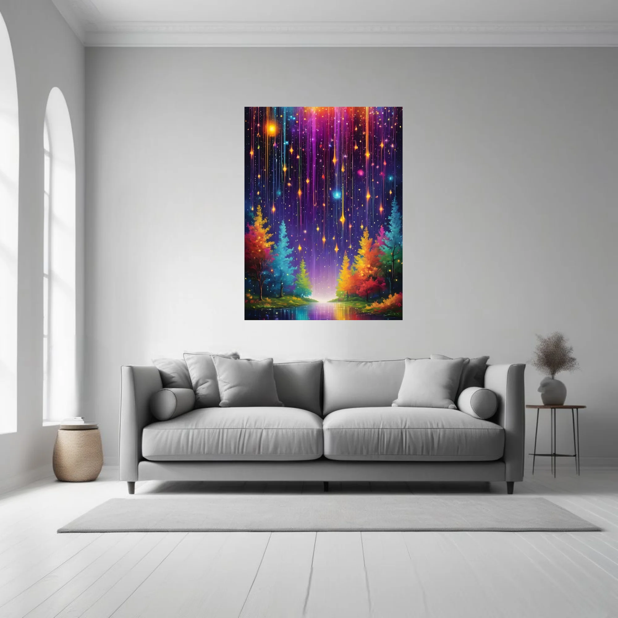 Fantasy rainbow meteor shower over glowing colorful forest at night