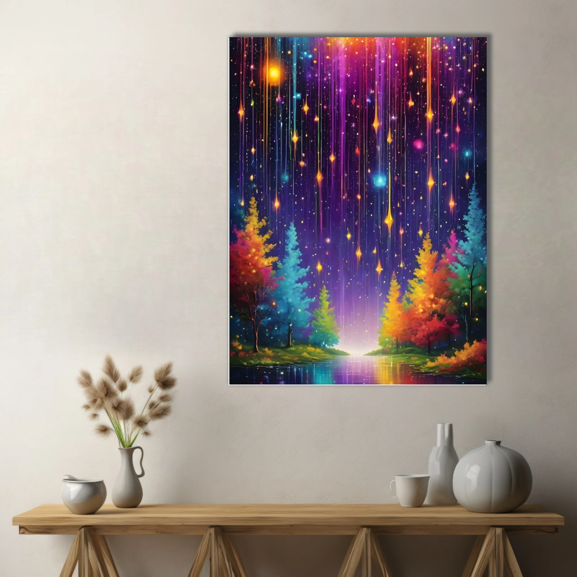 Fantasy rainbow meteor shower over glowing colorful forest at night