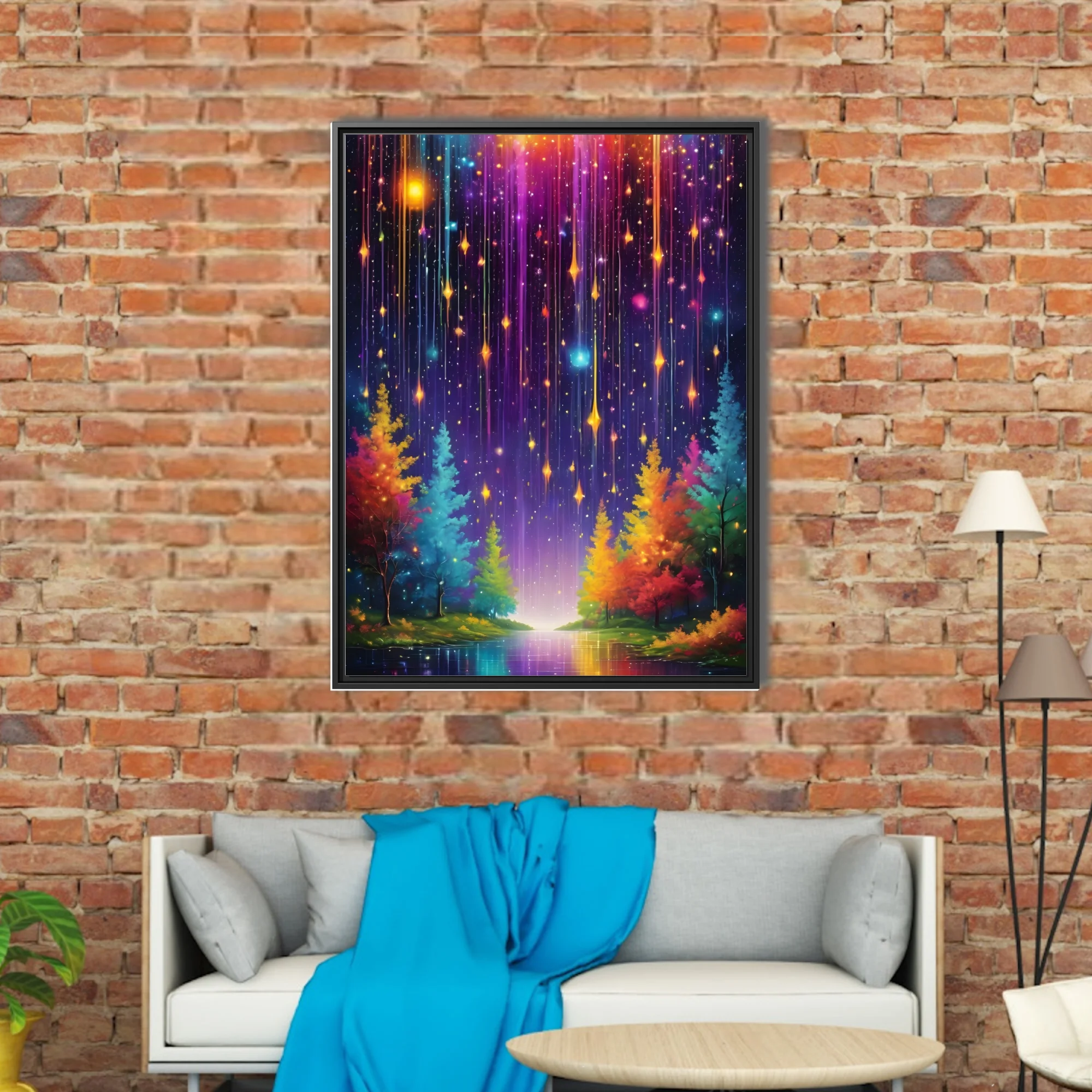 Fantasy rainbow meteor shower over glowing colorful forest at night