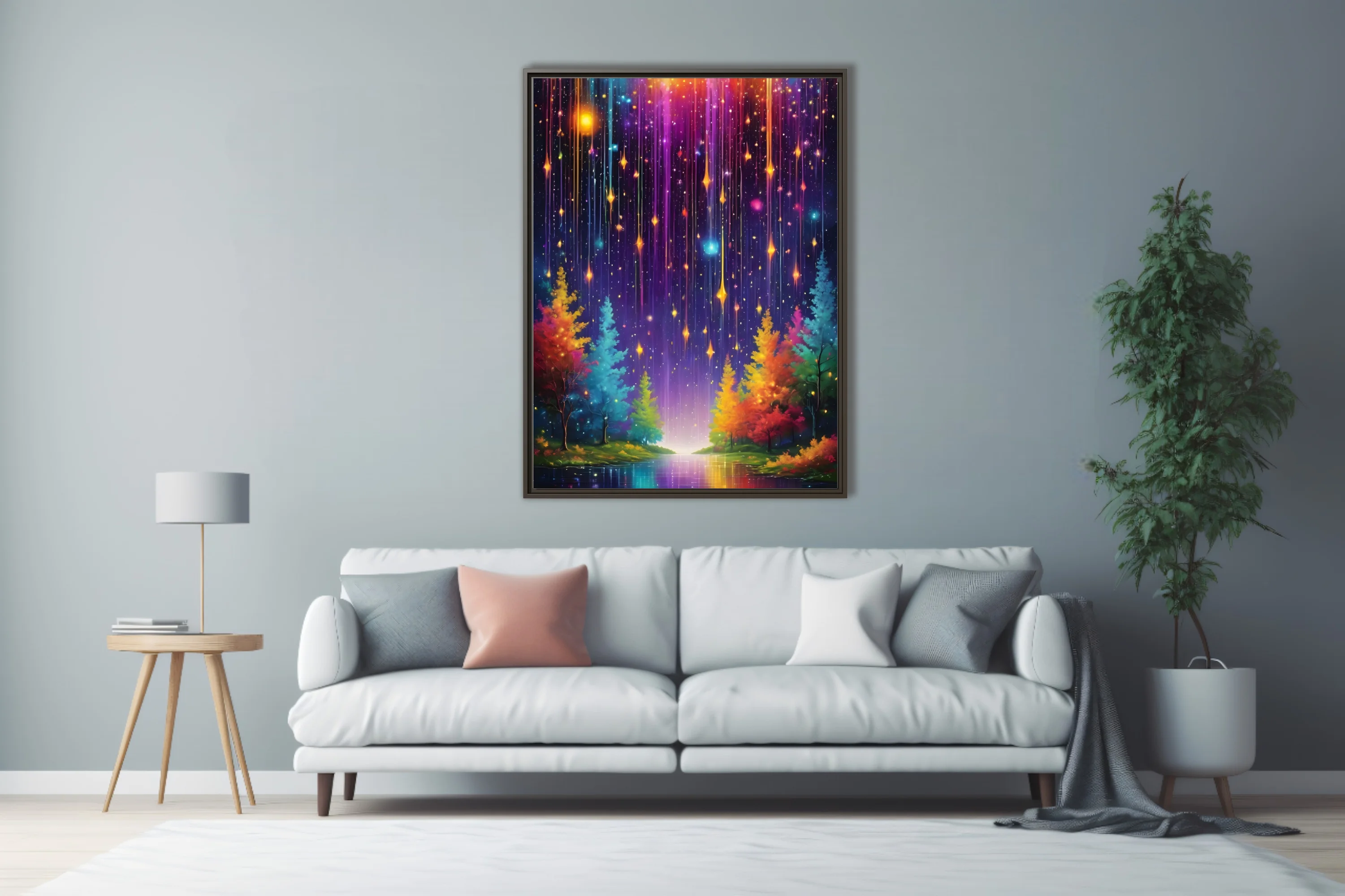 Fantasy rainbow meteor shower over glowing colorful forest at night