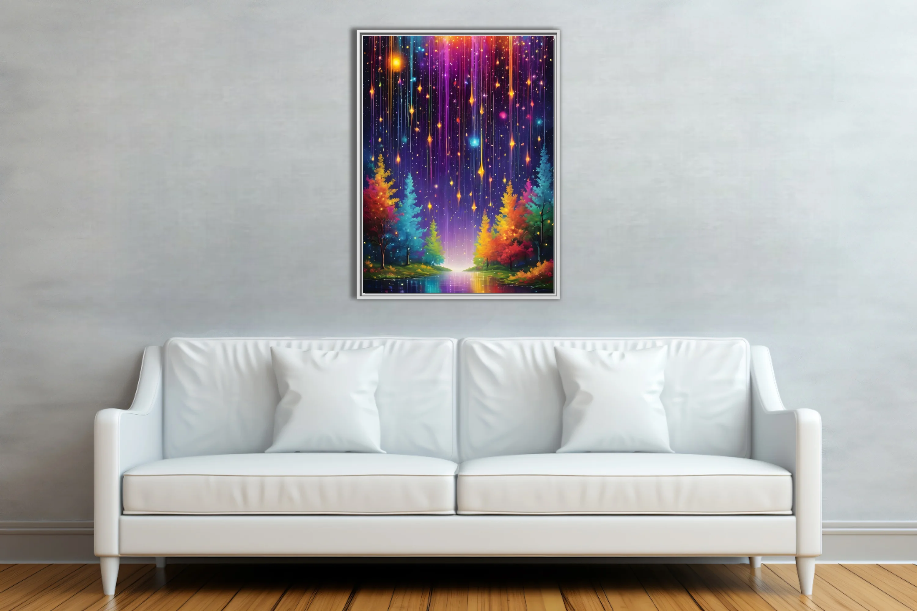 Fantasy rainbow meteor shower over glowing colorful forest at night