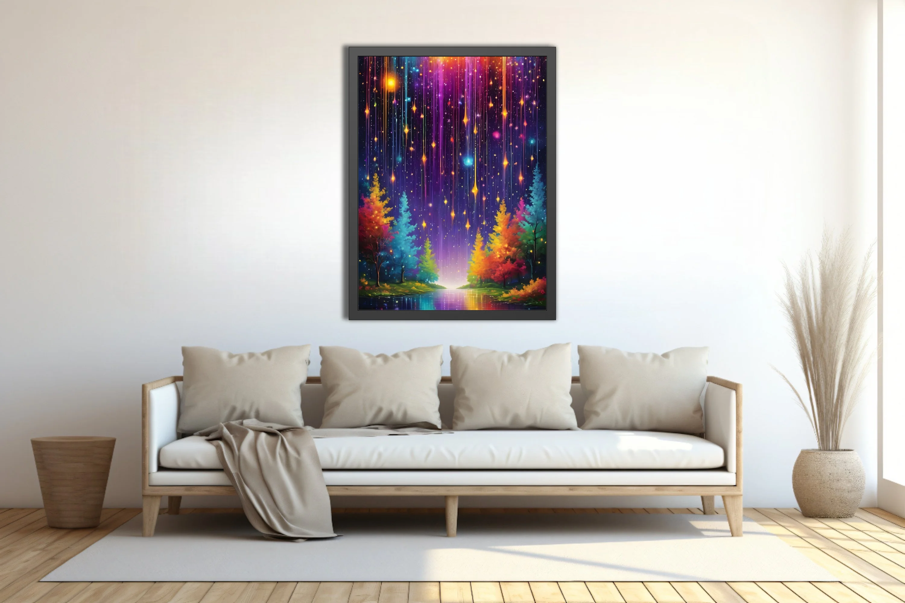 Fantasy rainbow meteor shower over glowing colorful forest at night