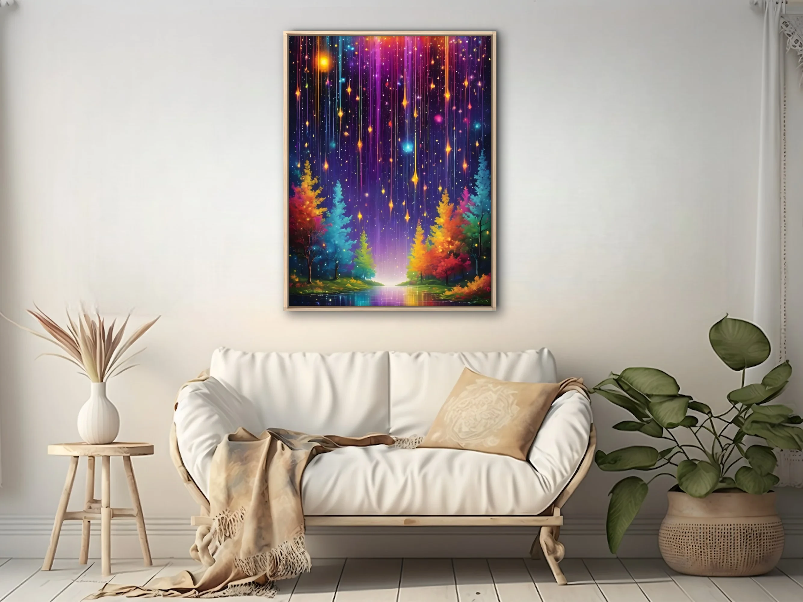 Fantasy rainbow meteor shower over glowing colorful forest at night