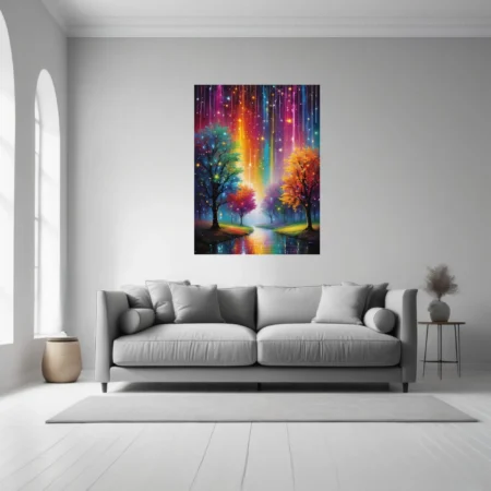 Dreamlike fantasy landscape with rainbow light streaks, glowing trees, and reflective water