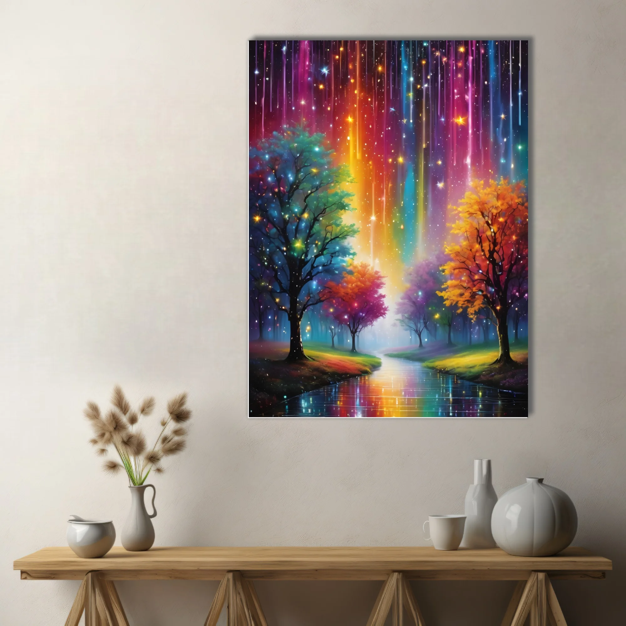 Dreamlike fantasy landscape with rainbow light streaks, glowing trees, and reflective water