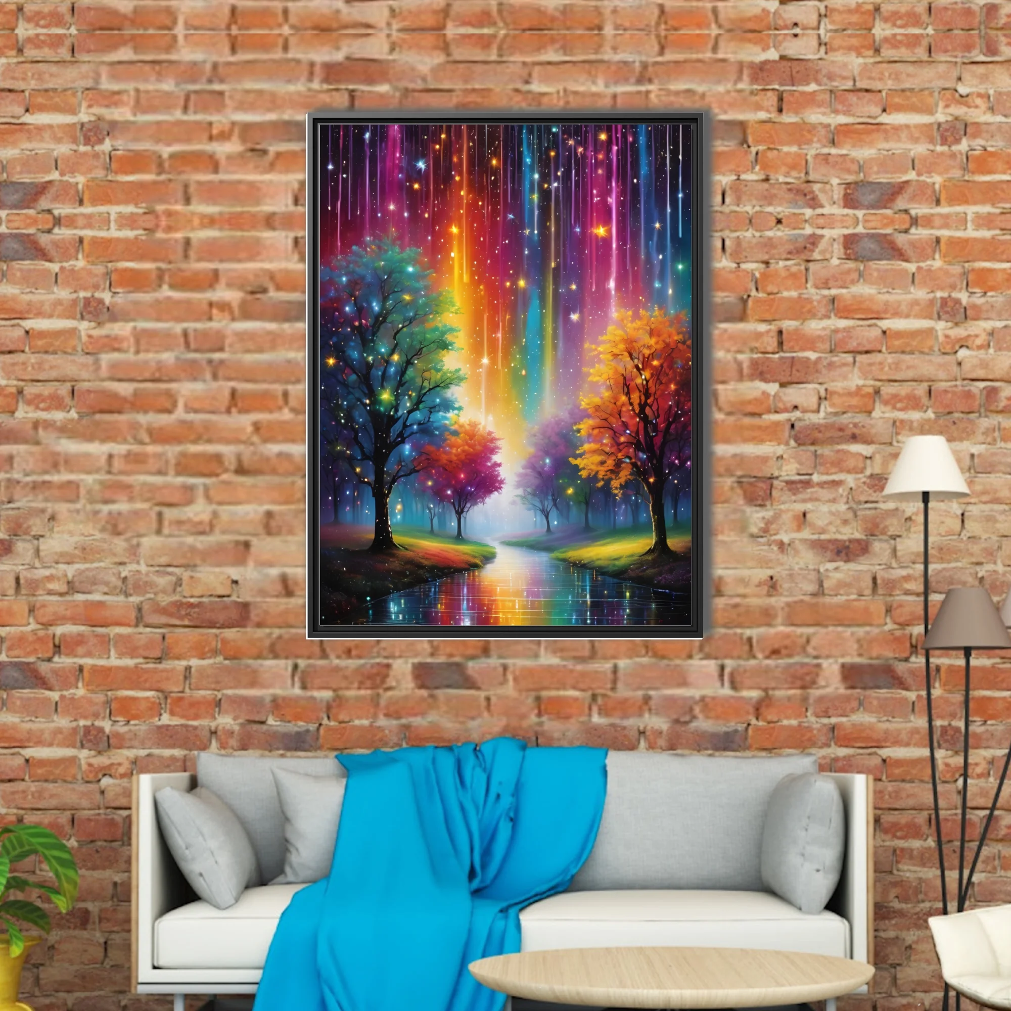 Dreamlike fantasy landscape with rainbow light streaks, glowing trees, and reflective water
