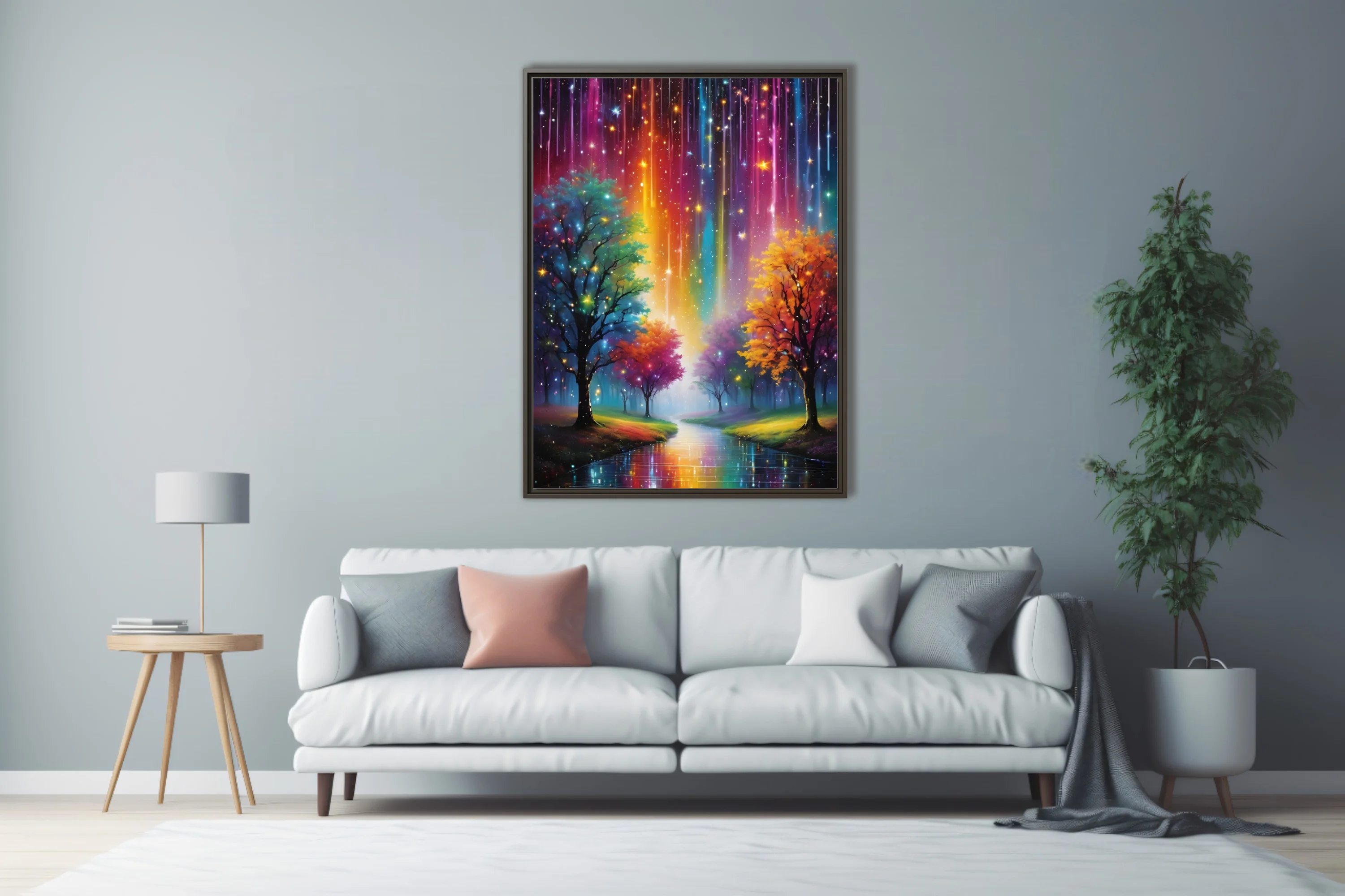 Dreamlike fantasy landscape with rainbow light streaks, glowing trees, and reflective water