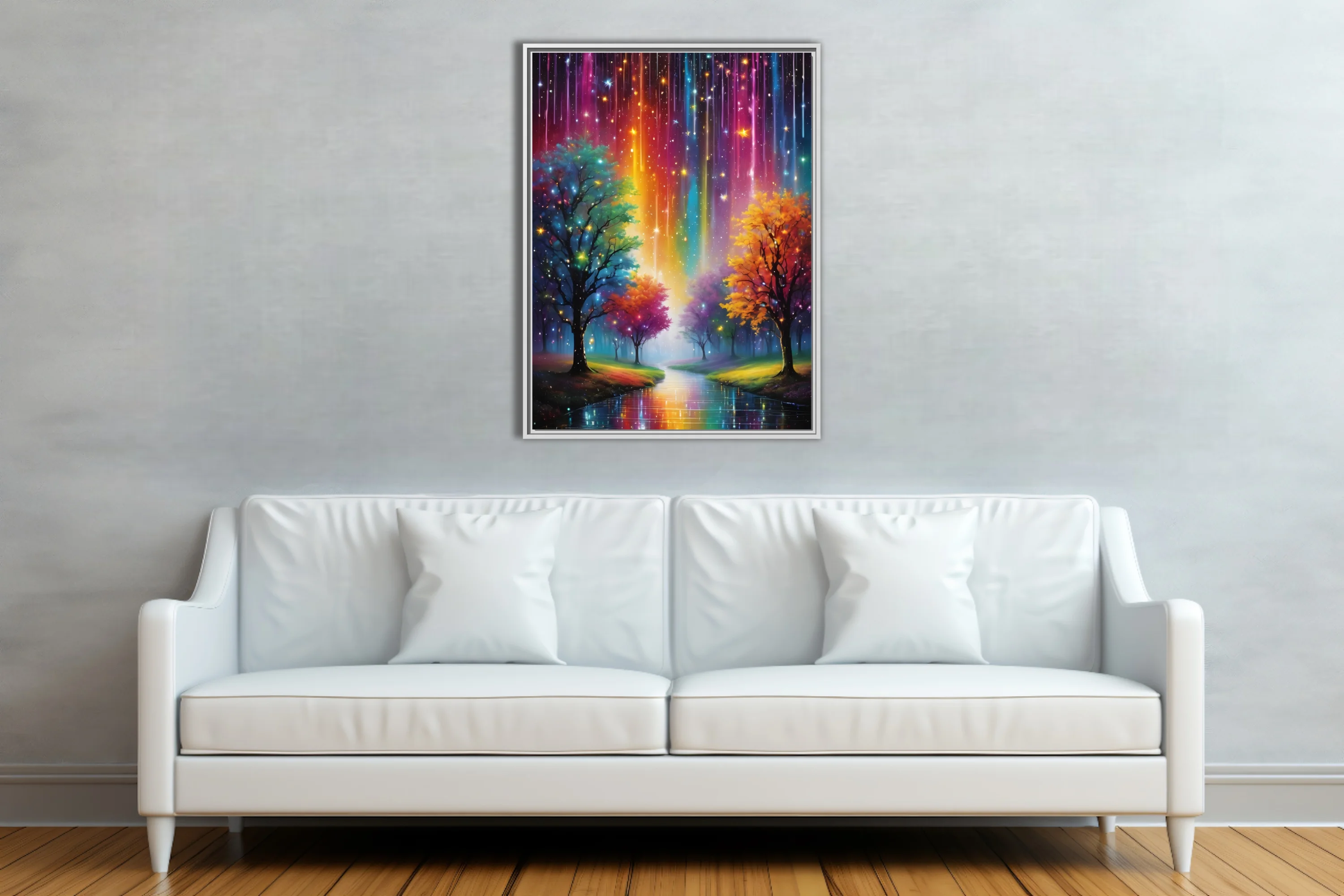 Dreamlike fantasy landscape with rainbow light streaks, glowing trees, and reflective water