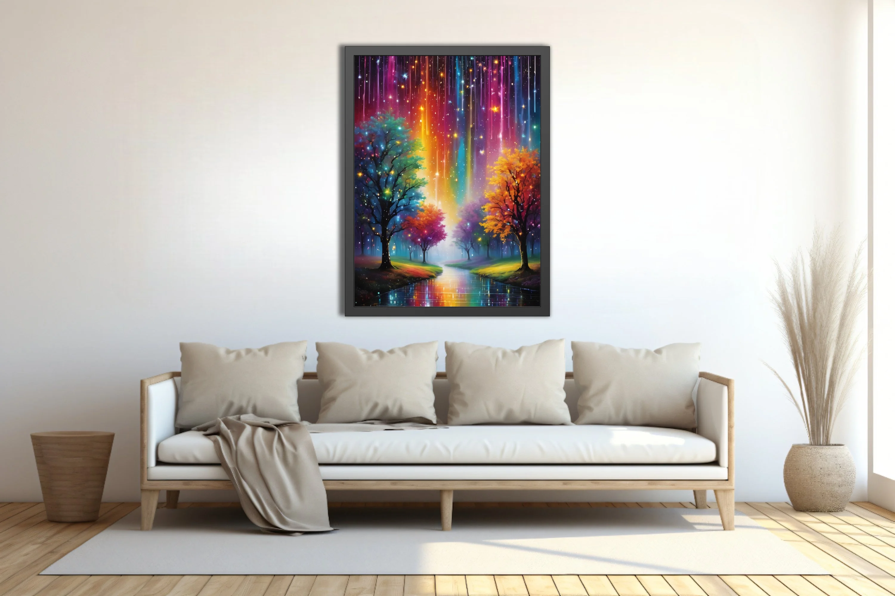 Dreamlike fantasy landscape with rainbow light streaks, glowing trees, and reflective water