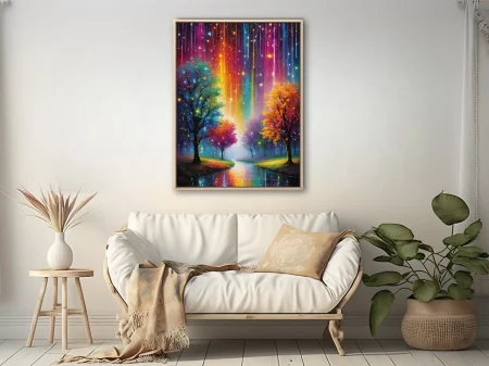 Dreamlike fantasy landscape with rainbow light streaks, glowing trees, and reflective water