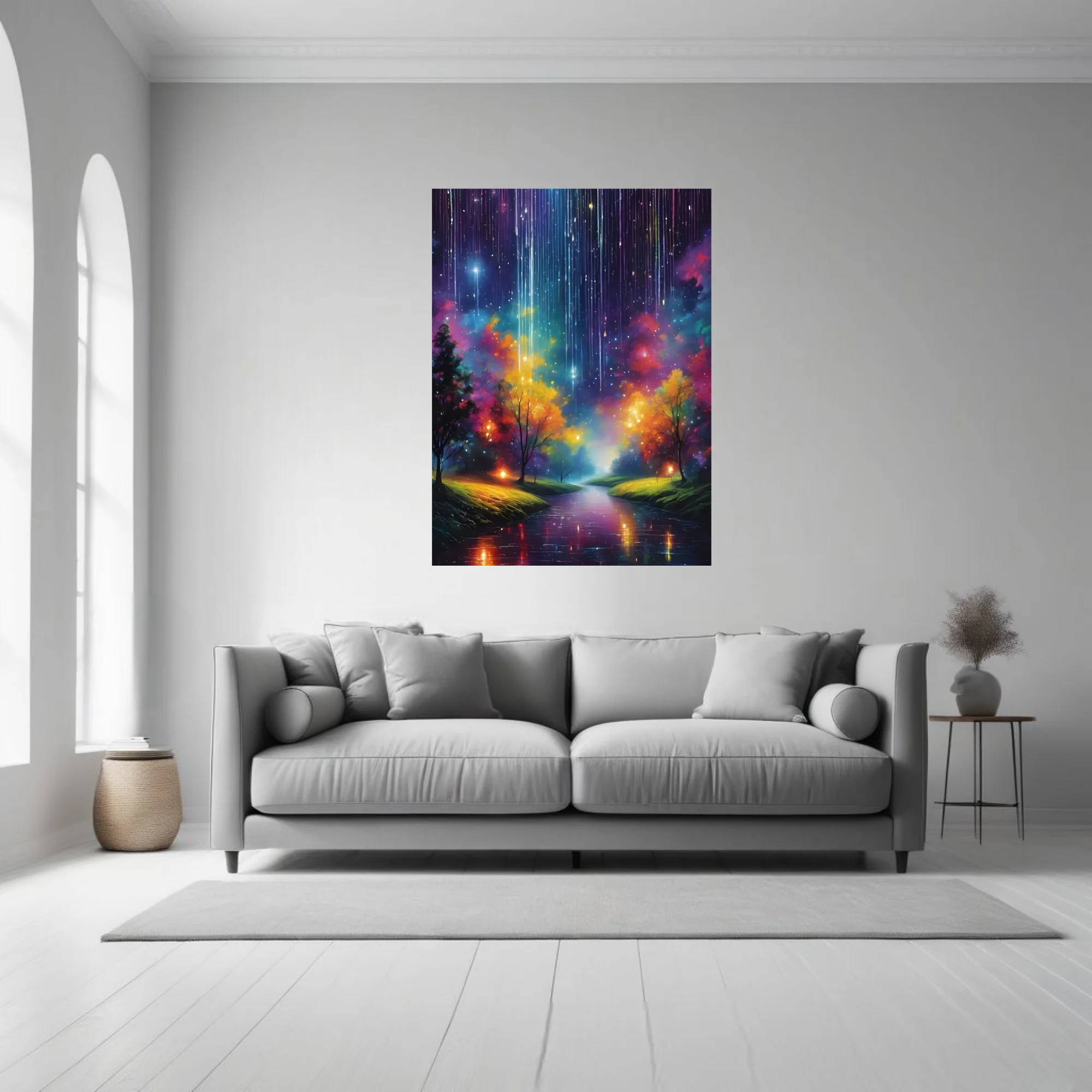 Dreamlike fantasy nightscape with cosmic light streaks, glowing trees, and reflective river