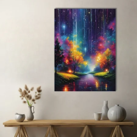 Dreamlike fantasy nightscape with cosmic light streaks, glowing trees, and reflective river