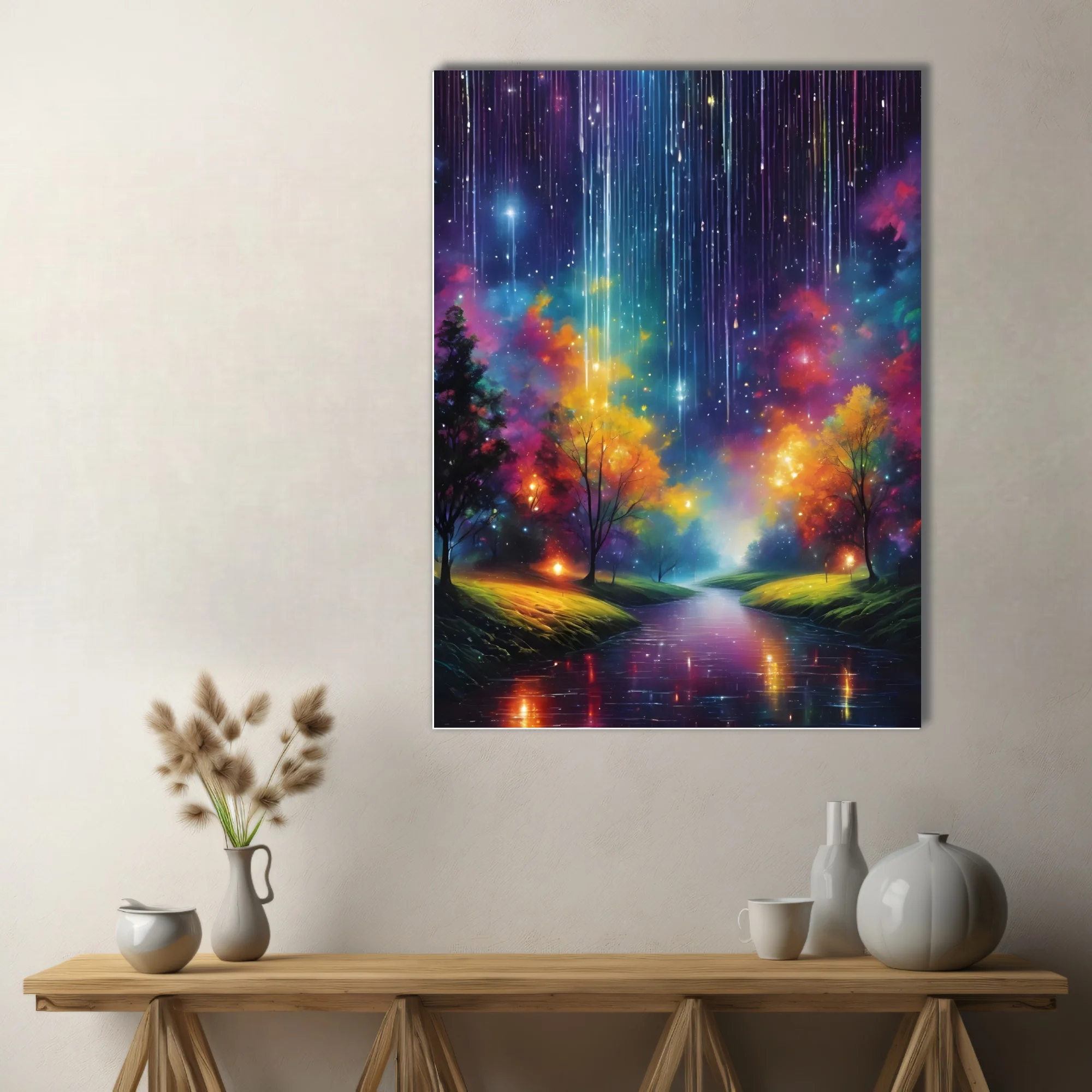 Dreamlike fantasy nightscape with cosmic light streaks, glowing trees, and reflective river