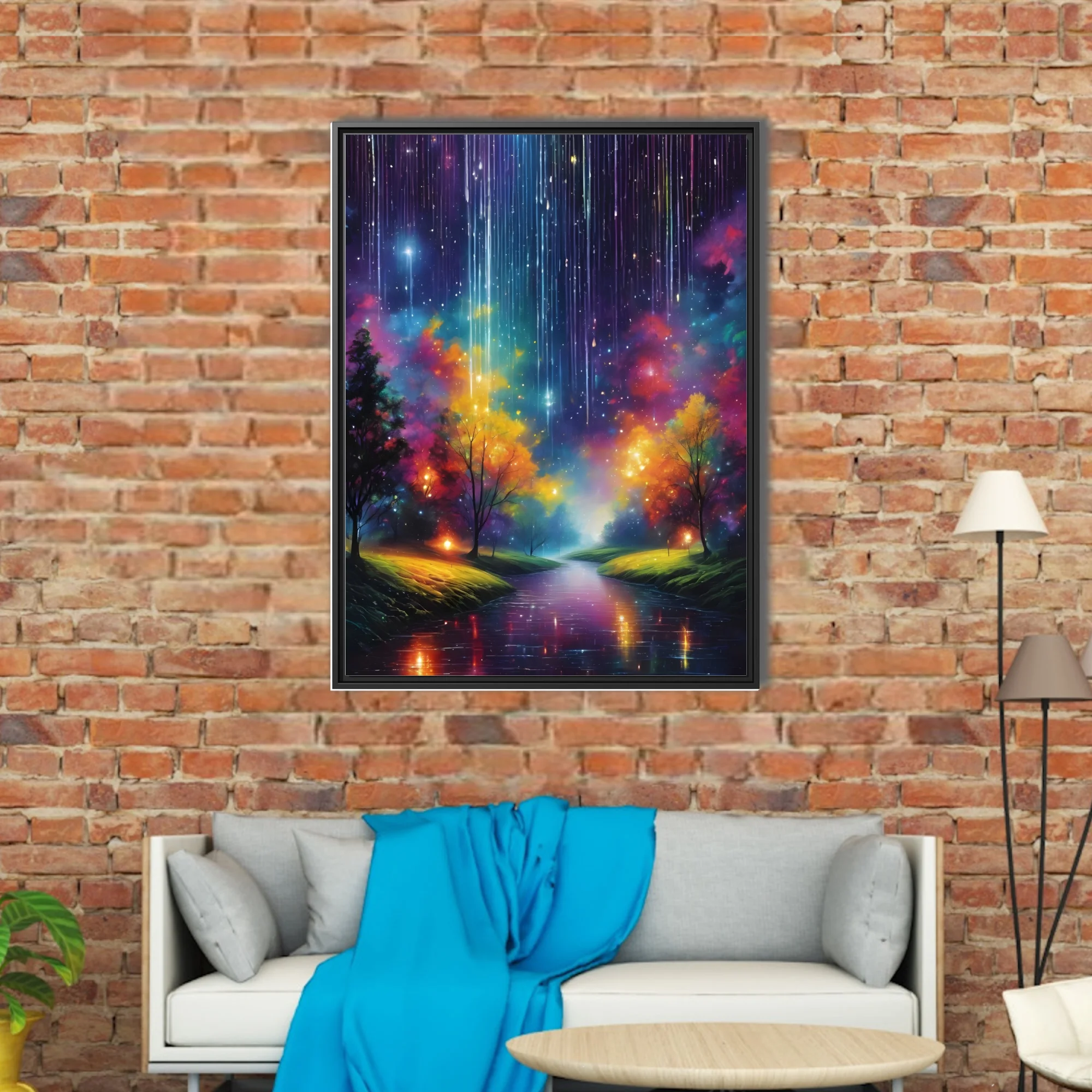 Dreamlike fantasy nightscape with cosmic light streaks, glowing trees, and reflective river