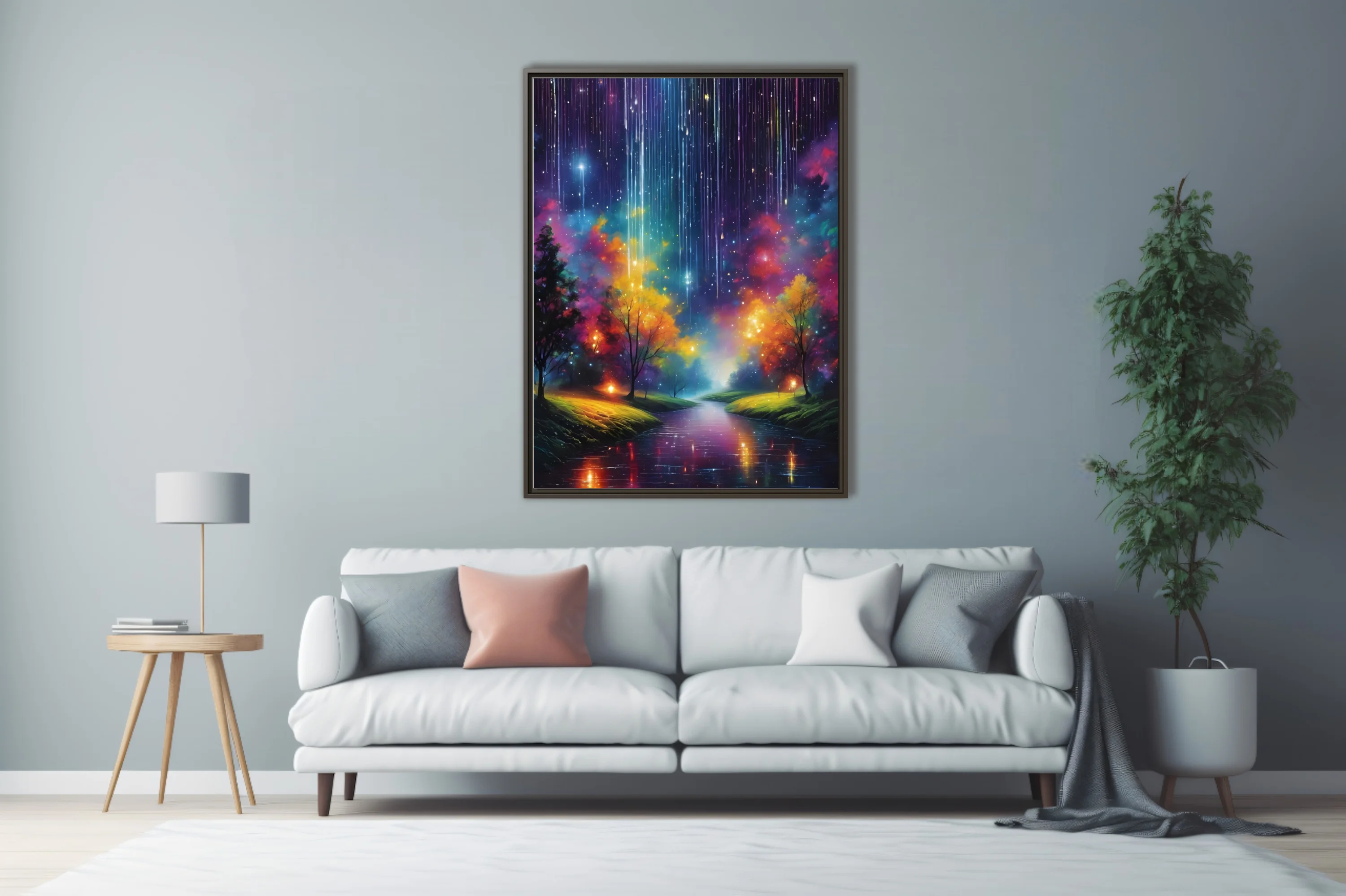 Dreamlike fantasy nightscape with cosmic light streaks, glowing trees, and reflective river