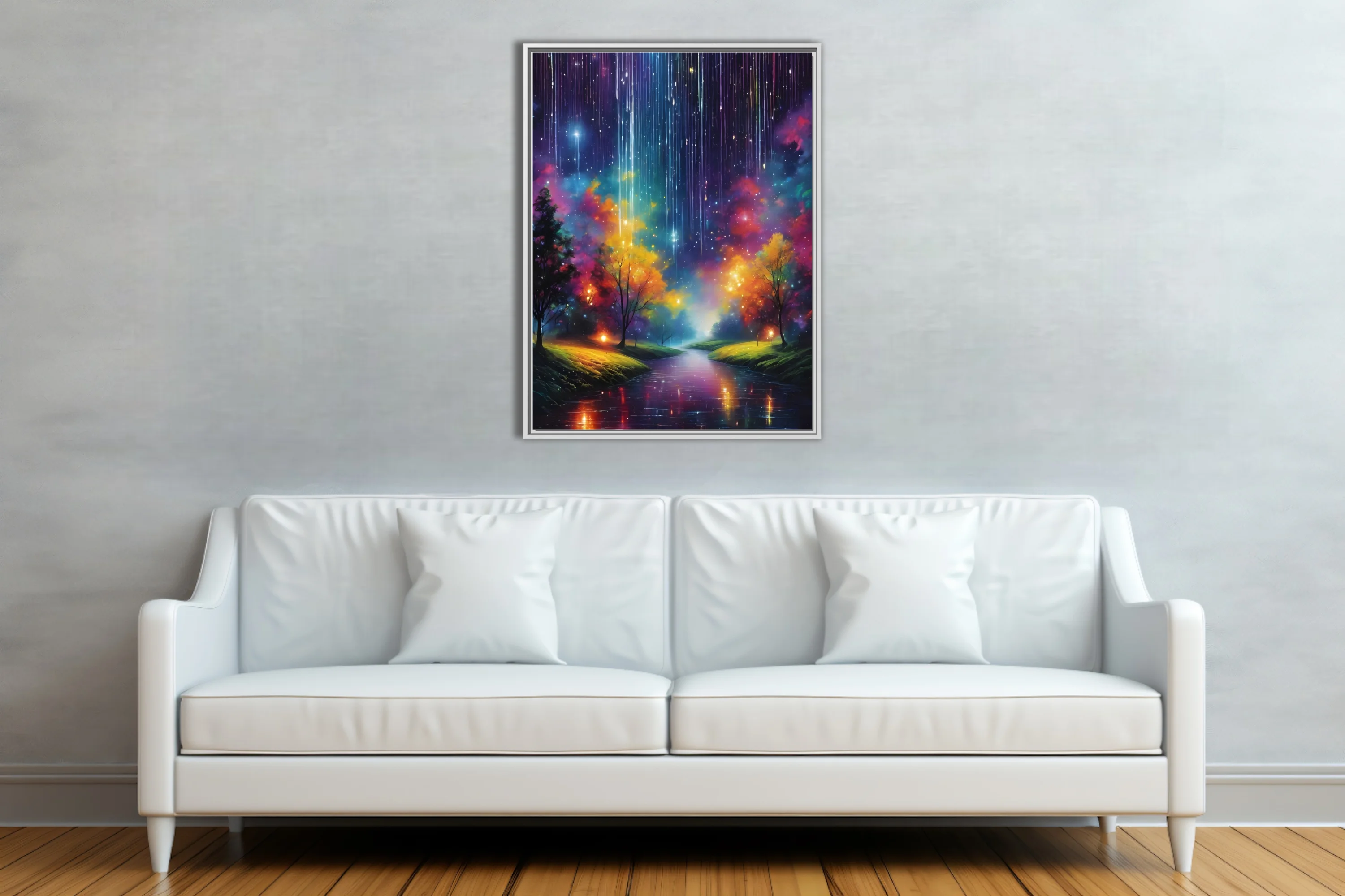 Dreamlike fantasy nightscape with cosmic light streaks, glowing trees, and reflective river