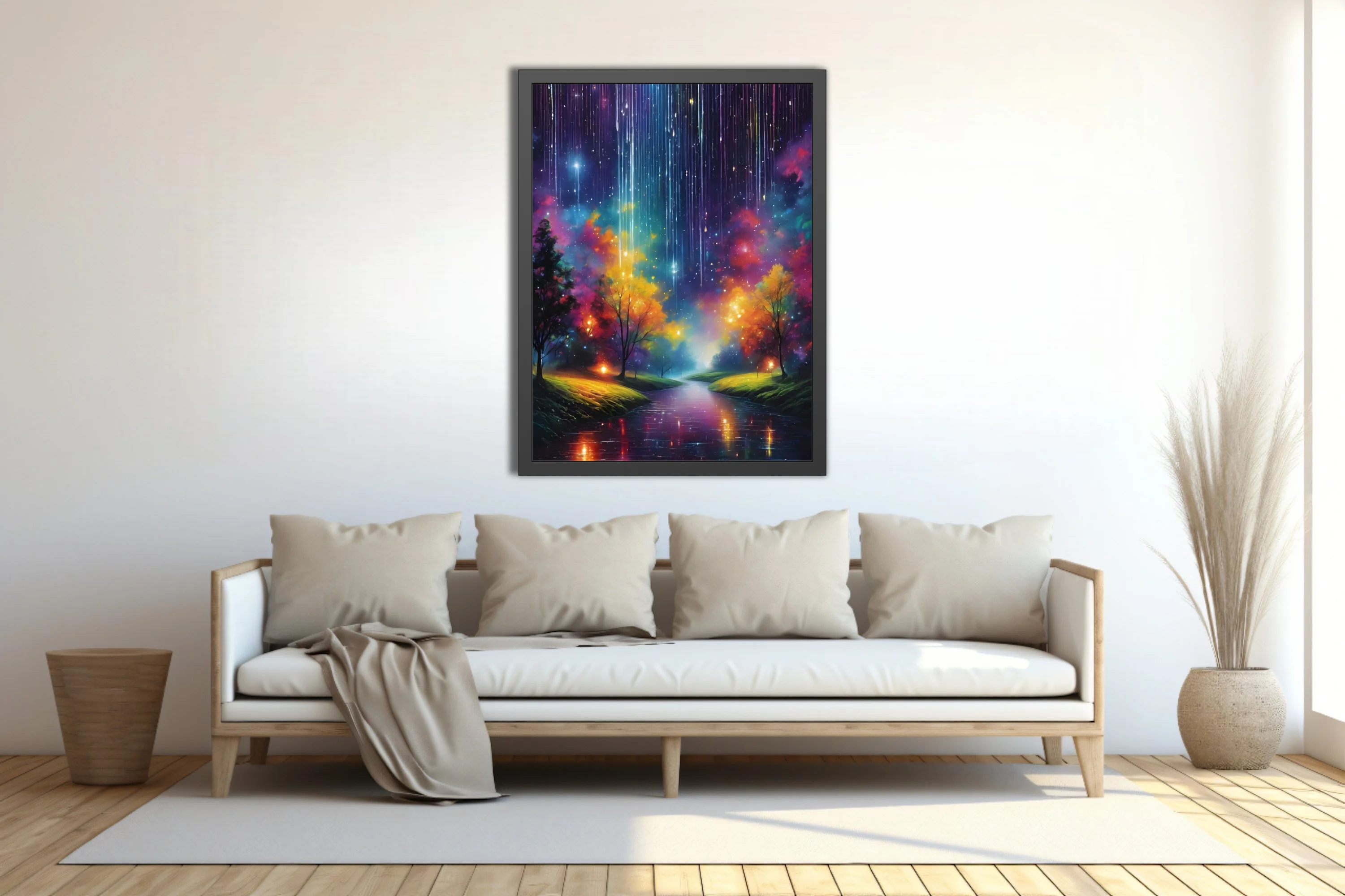 Dreamlike fantasy nightscape with cosmic light streaks, glowing trees, and reflective river