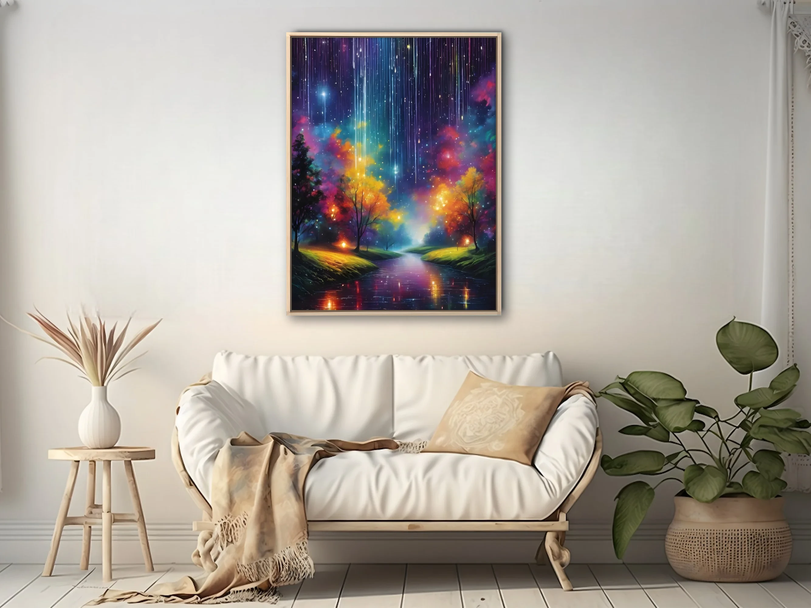 Dreamlike fantasy nightscape with cosmic light streaks, glowing trees, and reflective river