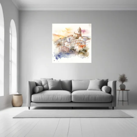 Watercolor-style Mediterranean hilltop town, terracotta roofs and whitewashed walls, warm golden sky