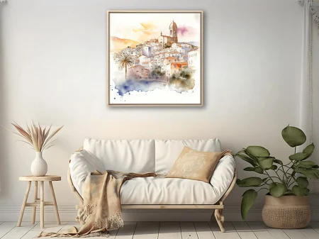 Watercolor-style Mediterranean hilltop town, terracotta roofs and whitewashed walls, warm golden sky